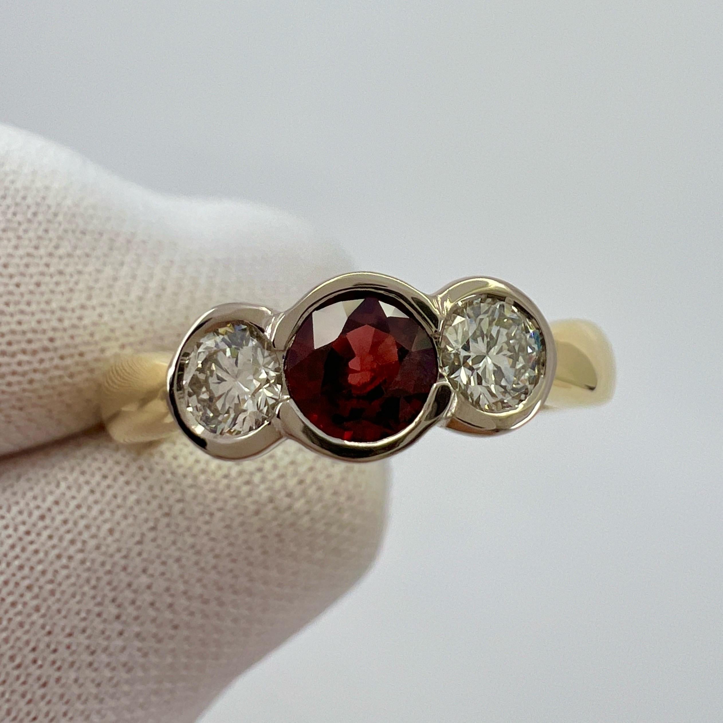 IGI Certified Untreated Ruby And Diamond 18k Gold Three Stone Bezel Rubover Ring For Sale 4