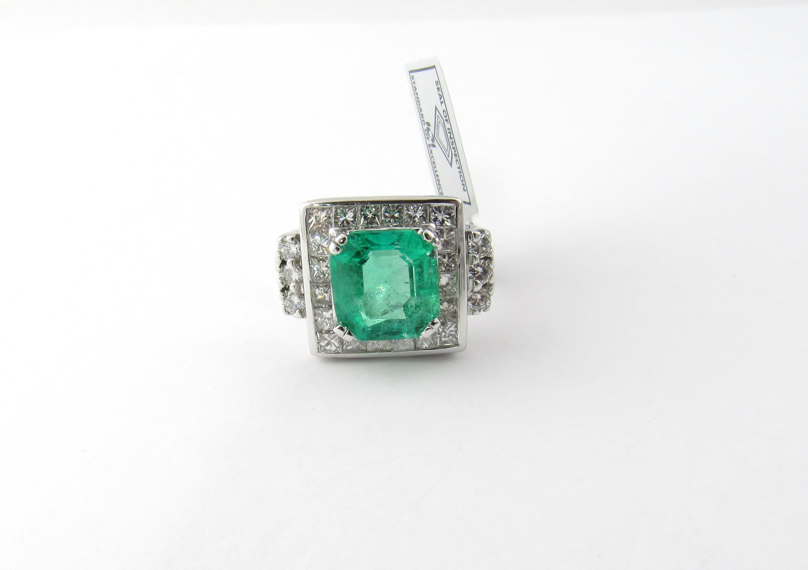 IGI Certified Vintage 17K and 14K White Gold Natural Square Emerald and Diamond Ring Size 8

This natural emerald and diamond cocktail ring is meant to be noticed!

The ring is stamped 18K. When lab tested, it was found to be 17K and 14K white gold
