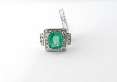 IGI Certified Vintage 17K and 14K White Gold Natural Square Emerald and Diamond