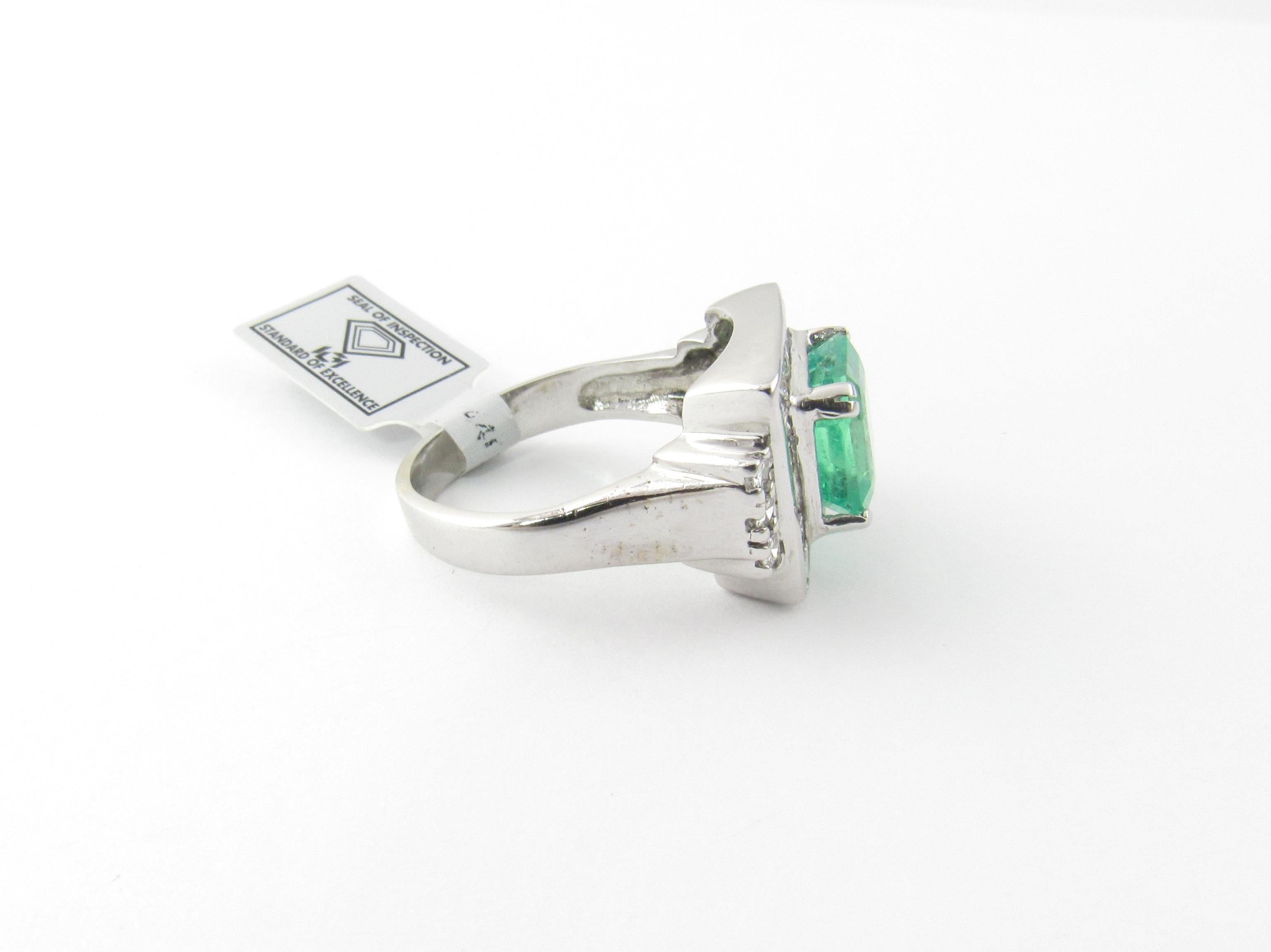 Square Cut IGI Certified Vintage 17K and 14K White Gold Natural Square Emerald and Diamond