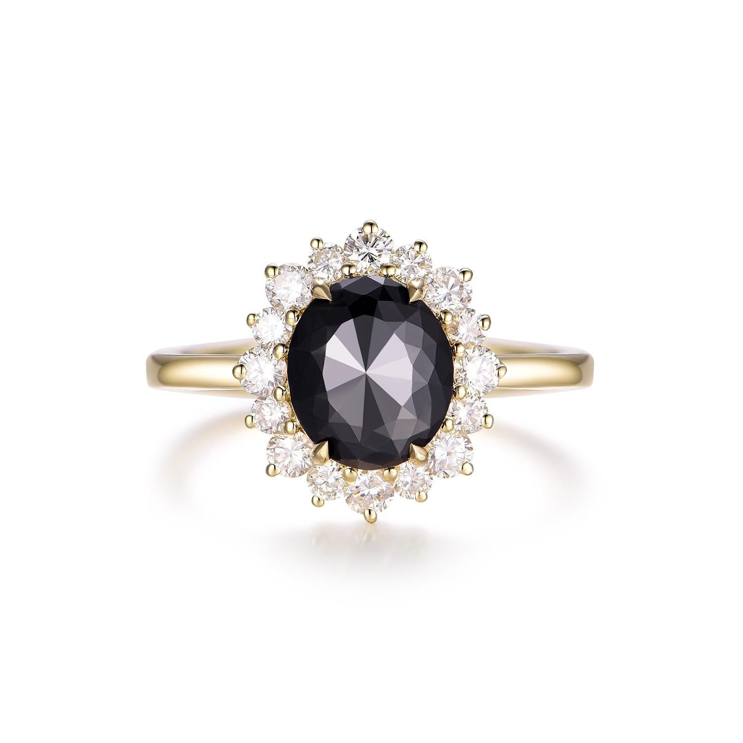 Indulge in the unparalleled beauty of this 14K yellow gold ring, boasting an IGI certified 2.27 carat black diamond. This majestic centerpiece captivates with its profound depth and intriguing allure, making it an instant symbol of