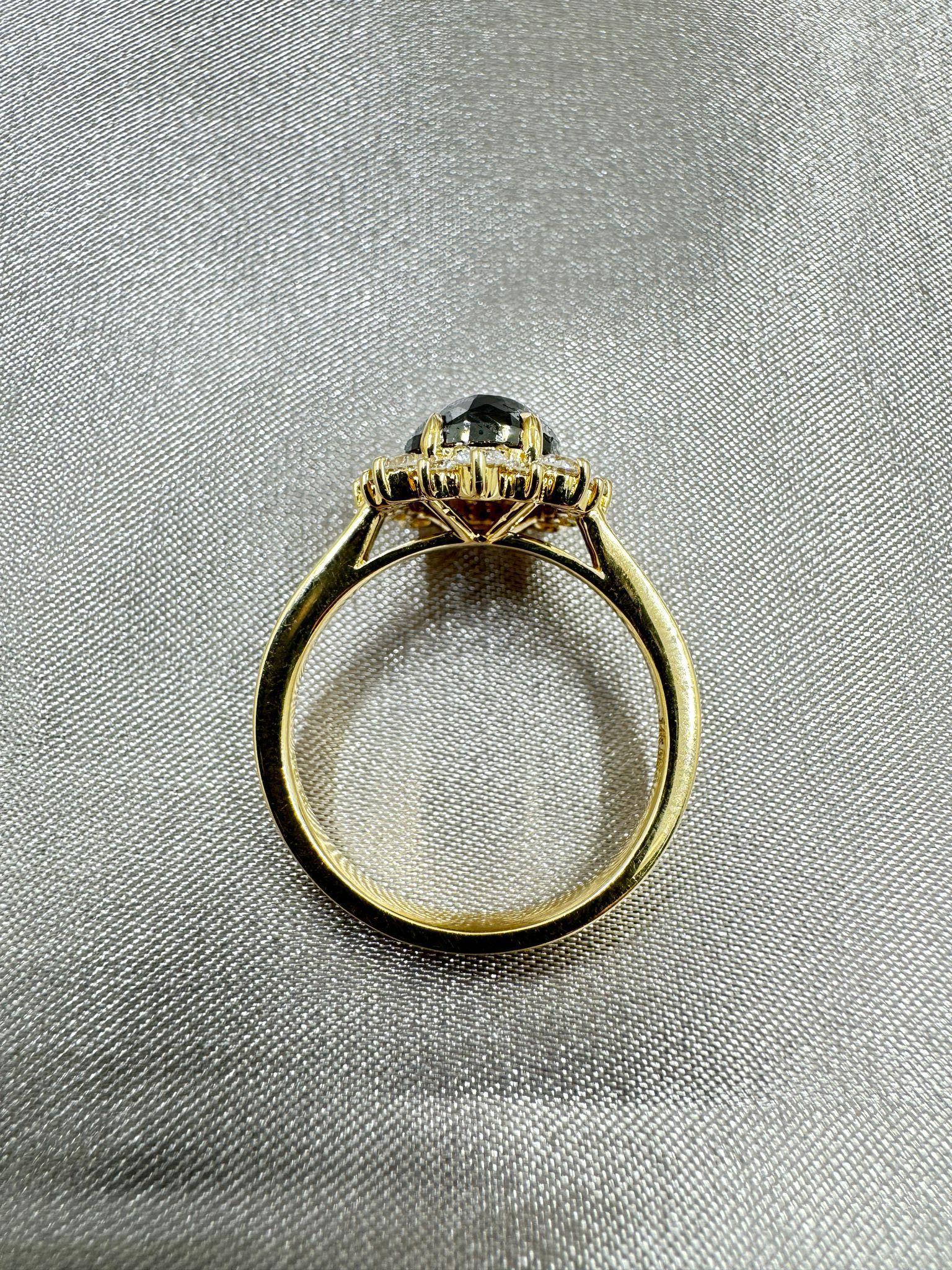 Rose Cut IGI CERTIFIED Vintage 2.27 Carat Black Diamond Ring in 14 Karat Yellow Gold