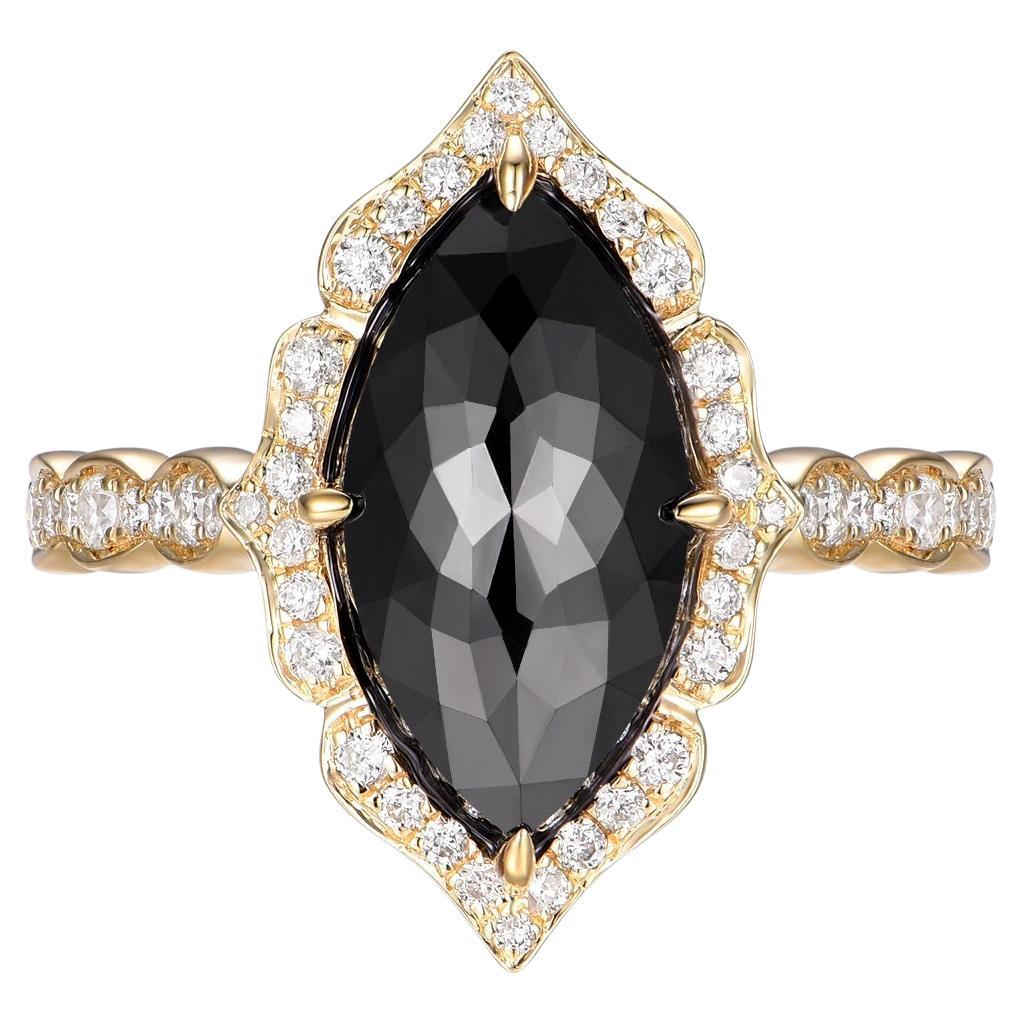 IGI CERTIFIED Vintage 3.63 Carat Black Diamond Ring in 14 Karat Yellow Gold For Sale