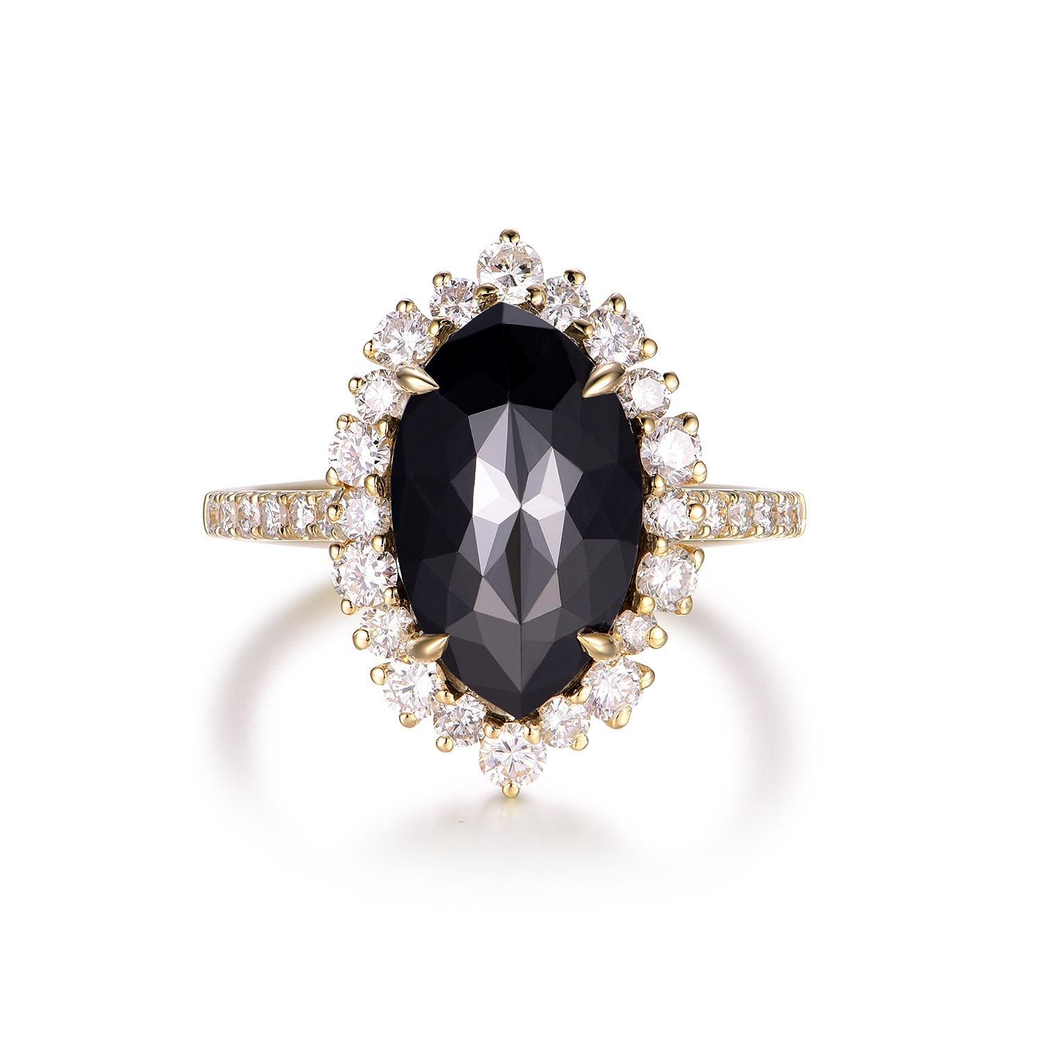 Indulge in the unparalleled beauty of this 14K yellow gold ring, boasting an IGI certified 5.70 carat black diamond. This majestic centerpiece captivates with its profound depth and intriguing allure, making it an instant symbol of