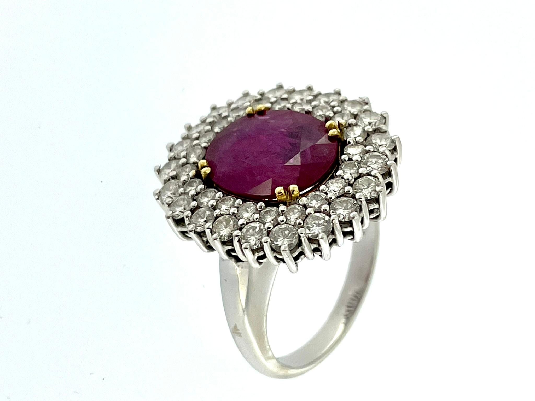 Mixed Cut IGI Certified White Gold Diamonds and 3.40ct Ruby Cocktail Ring For Sale