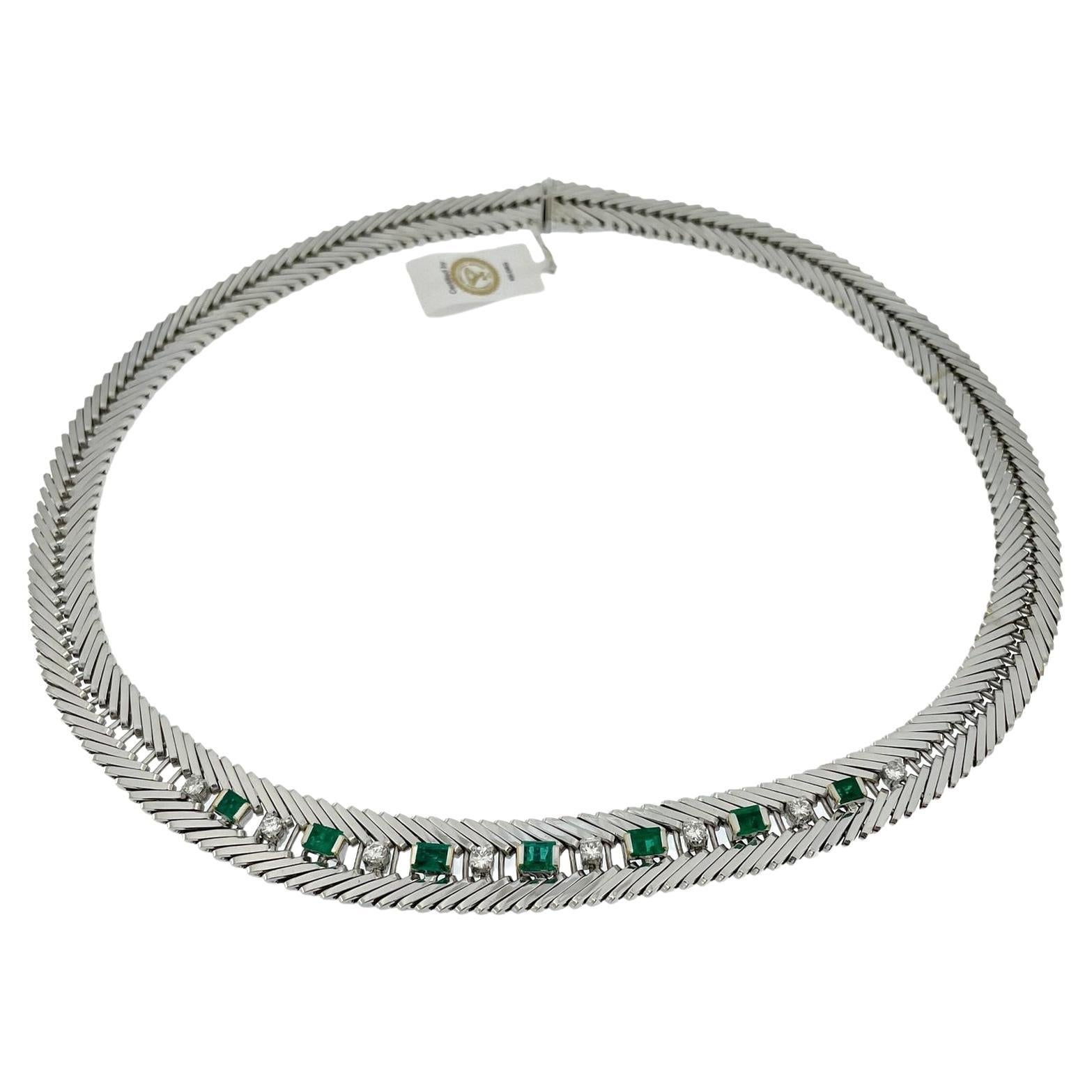 IGI Certified White Gold Diamonds and Emeralds Italian Choker Necklace For Sale