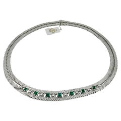 Retro IGI Certified White Gold Diamonds and Emeralds Italian Choker Necklace