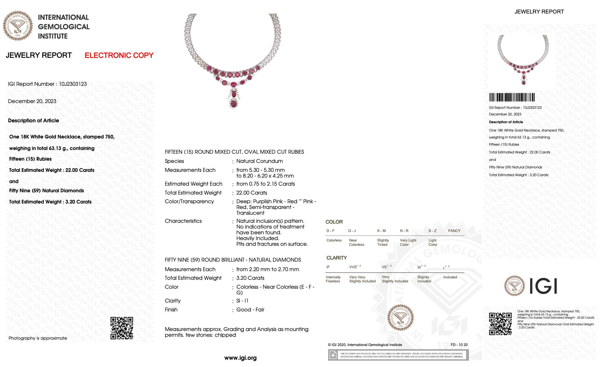 IGI Certified White Gold Diamonds and Rubies Necklace For Sale 4