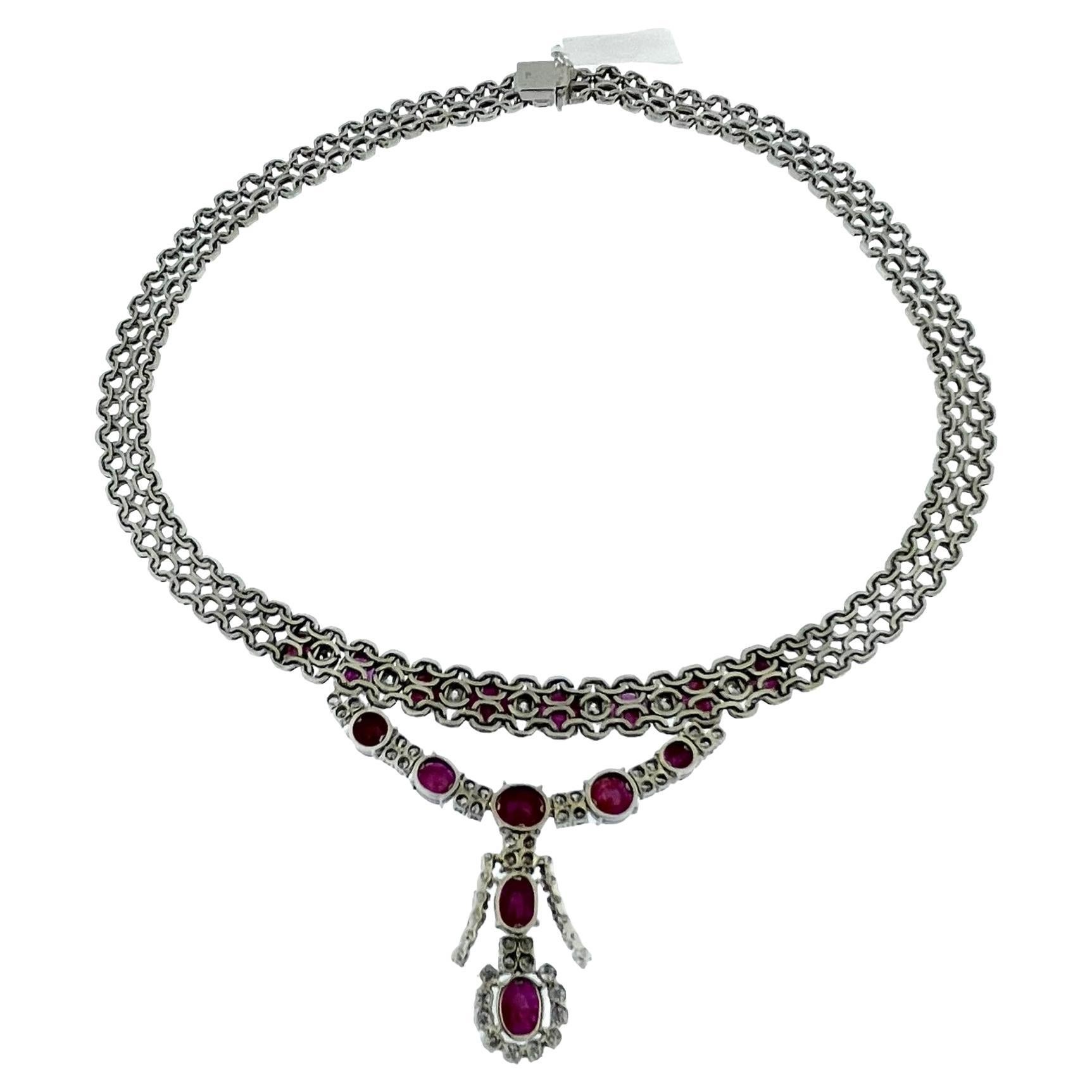 Retro IGI Certified White Gold Diamonds and Rubies Necklace For Sale