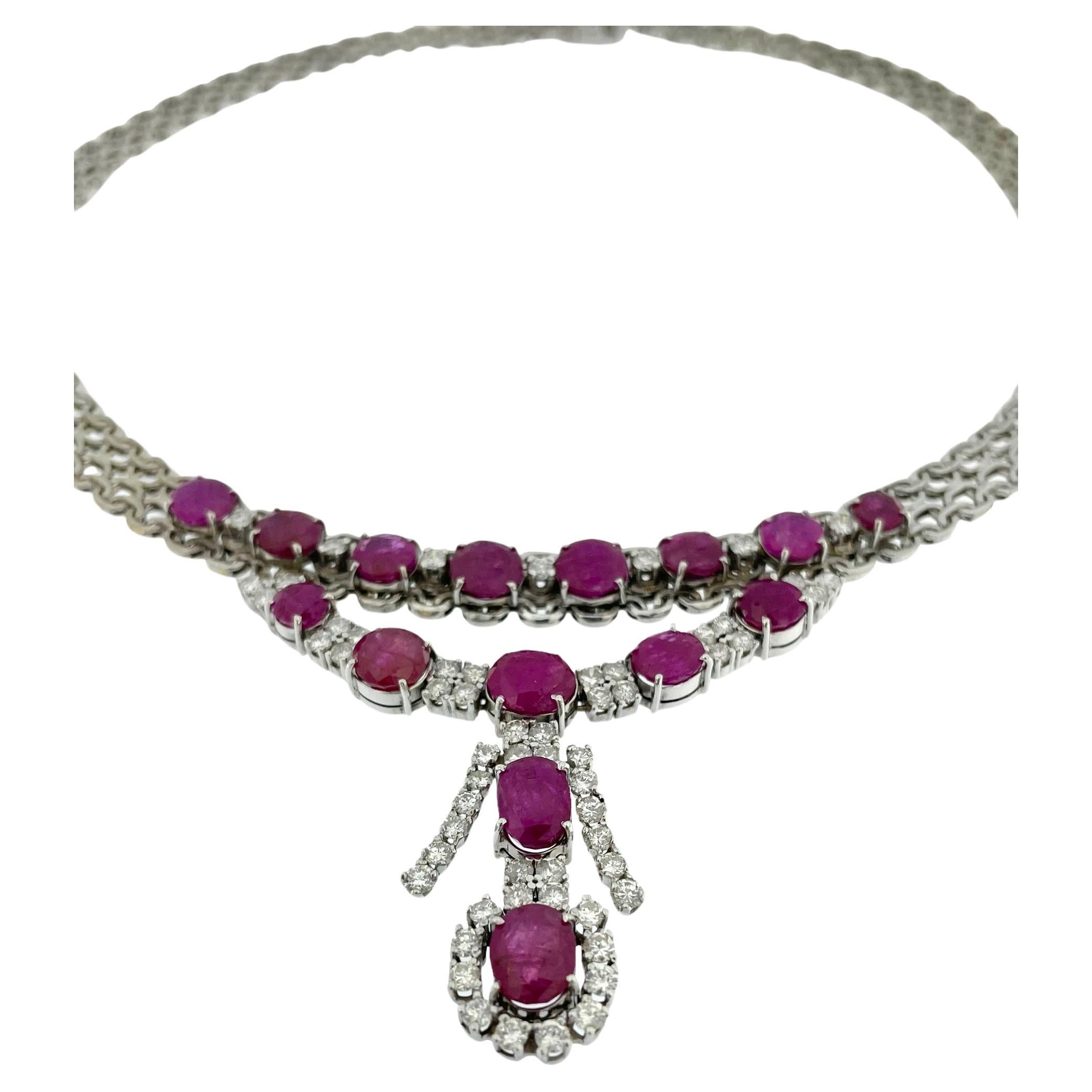 Mixed Cut IGI Certified White Gold Diamonds and Rubies Necklace For Sale