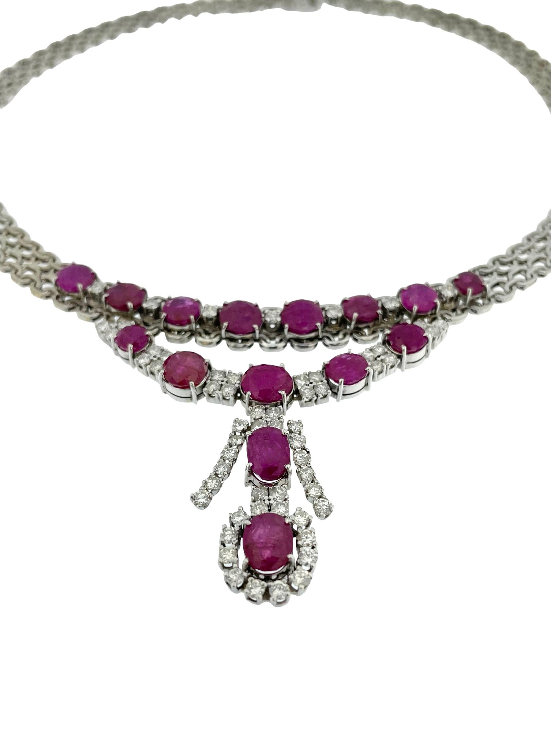 Women's IGI Certified White Gold Diamonds and Rubies Necklace For Sale