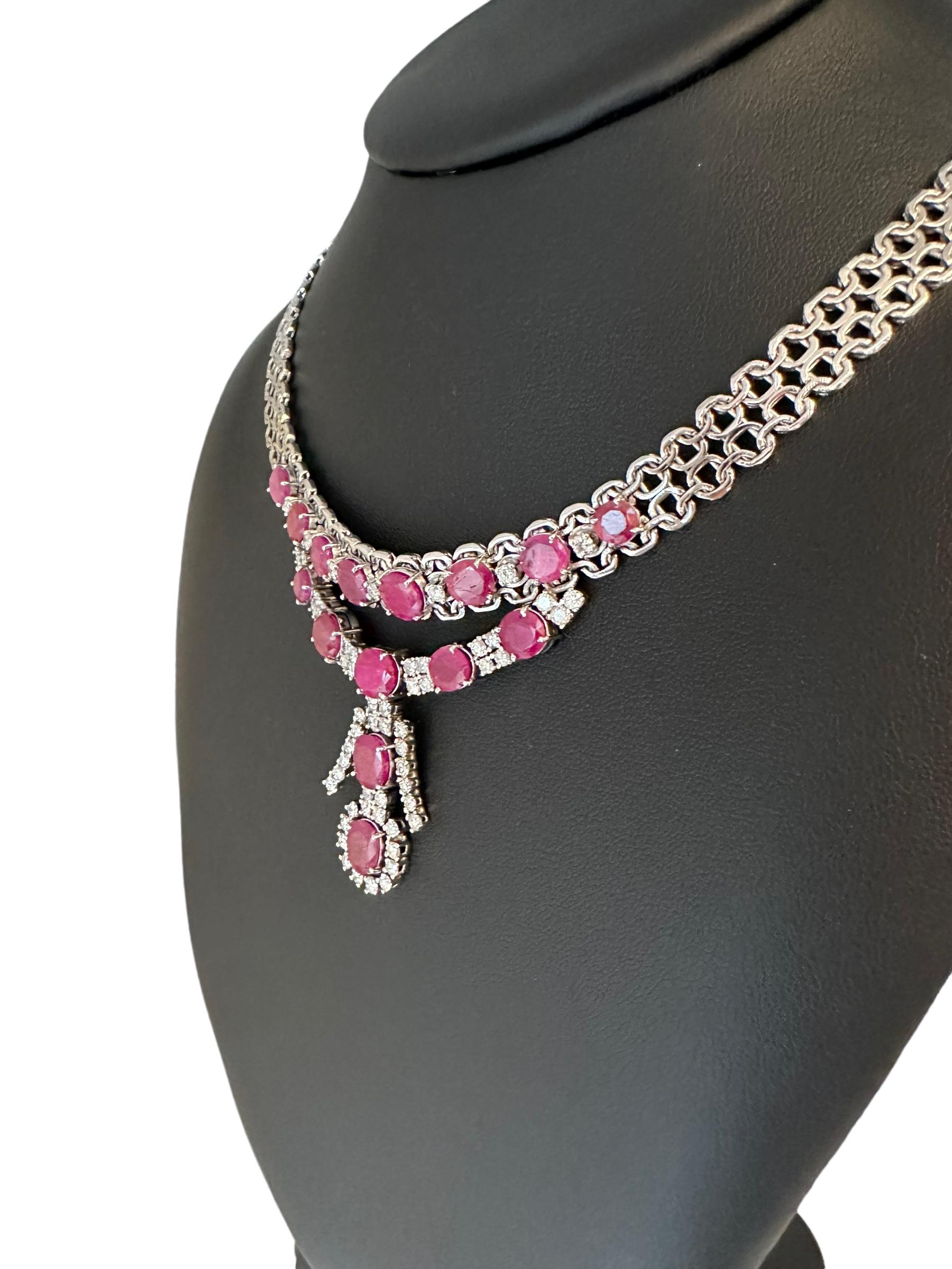 IGI Certified White Gold Diamonds and Rubies Necklace For Sale 3