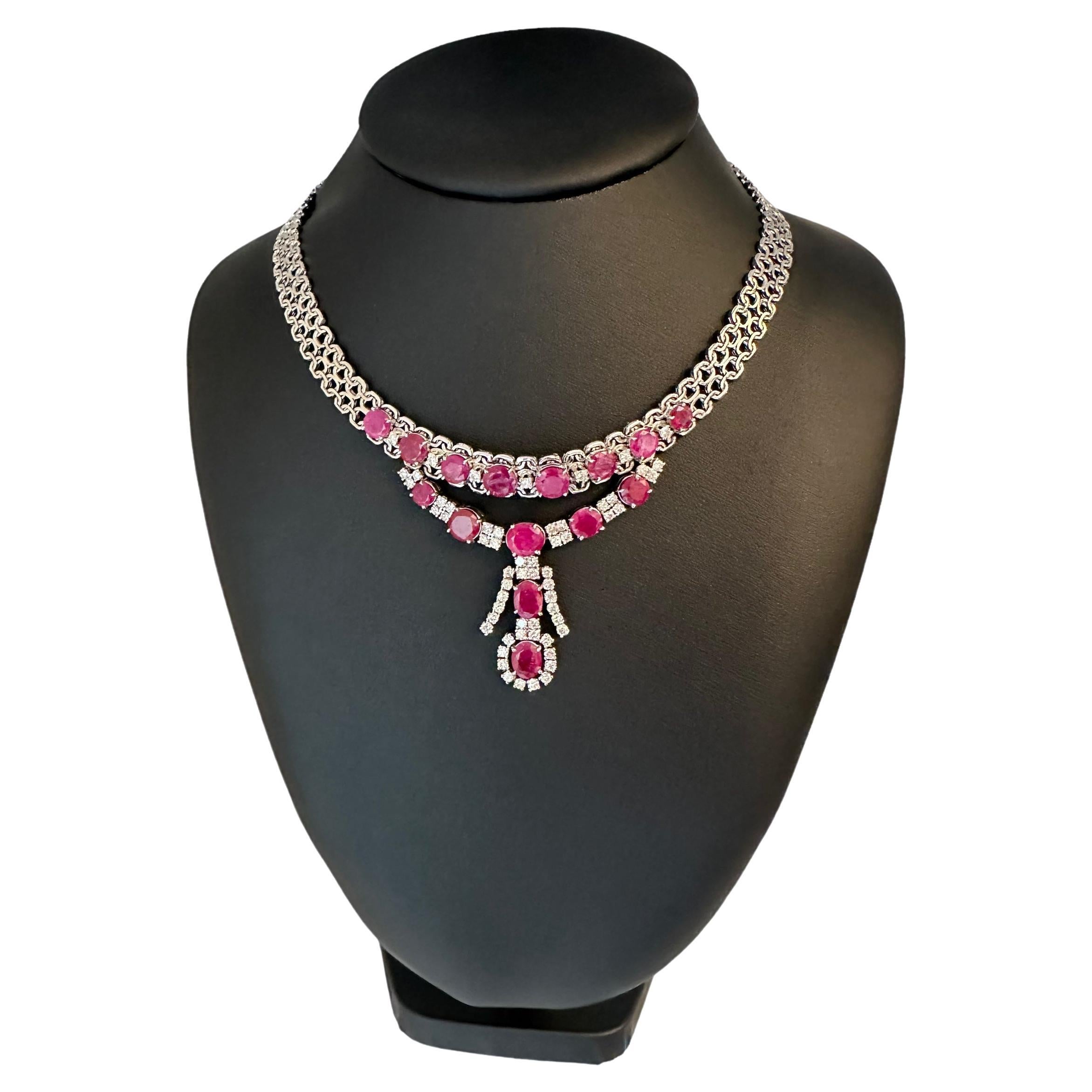 IGI Certified White Gold Diamonds and Rubies Necklace For Sale