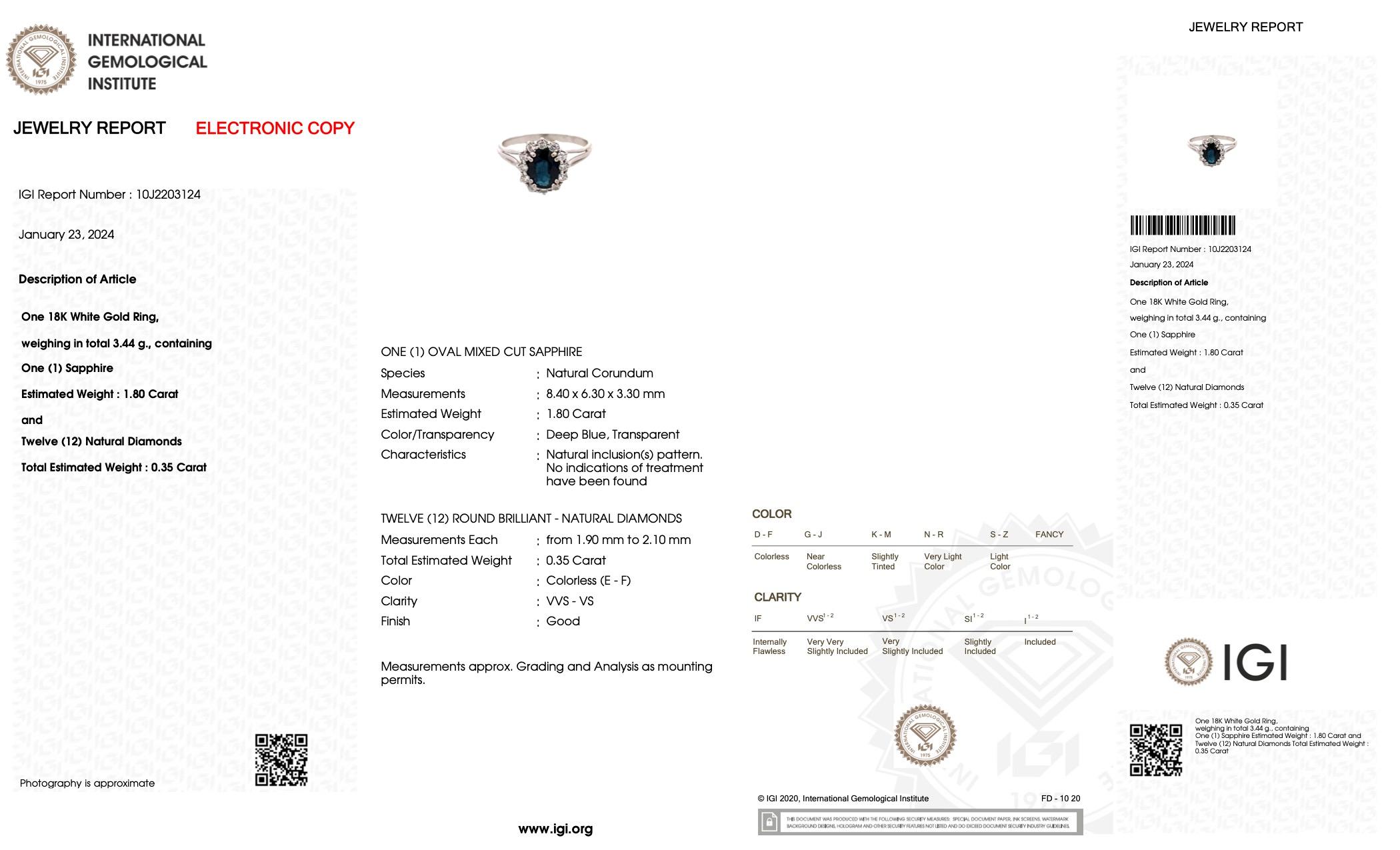 Anello classico in oro bianco con diamanti e zaffiri certificato IGI in vendita 2