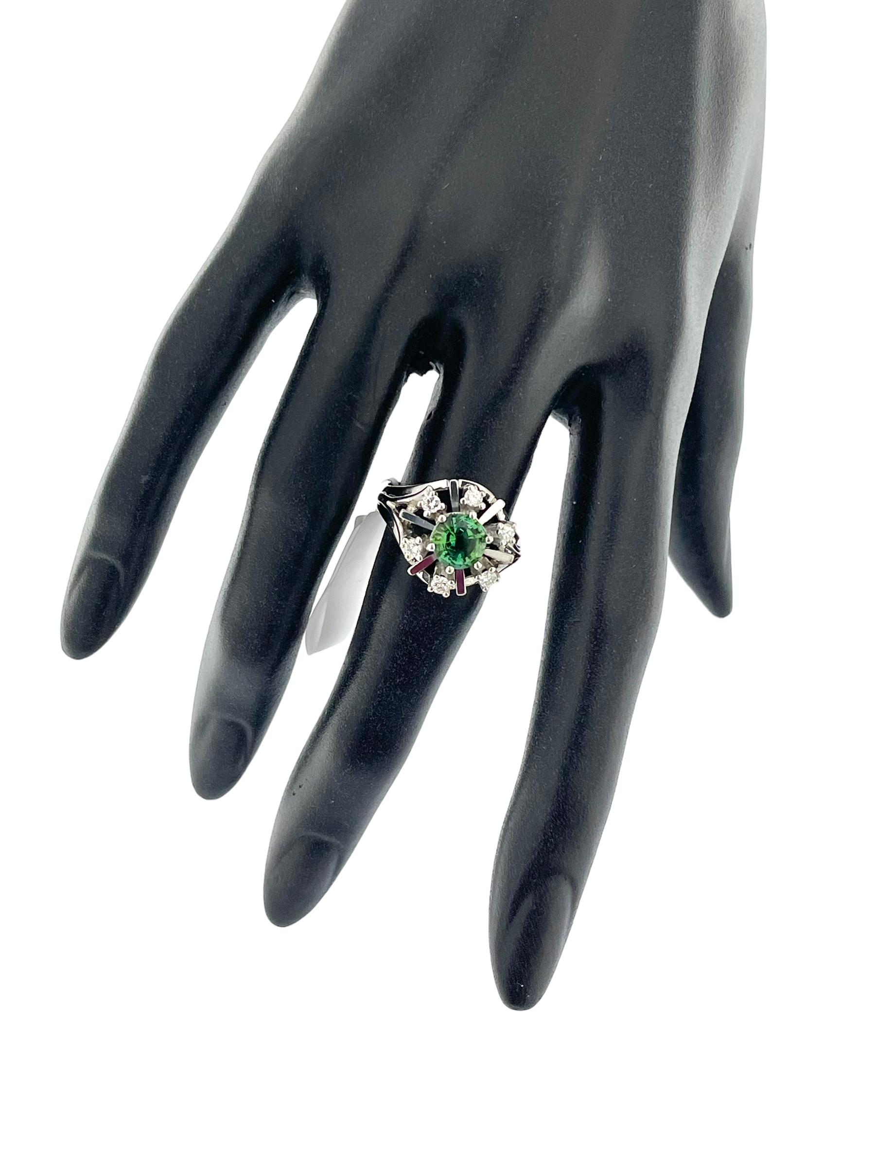 Artisan IGI Certified White Gold Ring with Verdelite Tourmaline and Diamonds For Sale