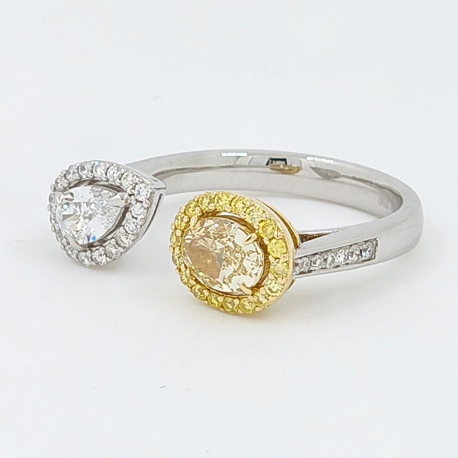 Contemporary IGI Certified Yellow Oval Diamond and Pear Diamond Toi Et Moi Ring in 18k Gold For Sale