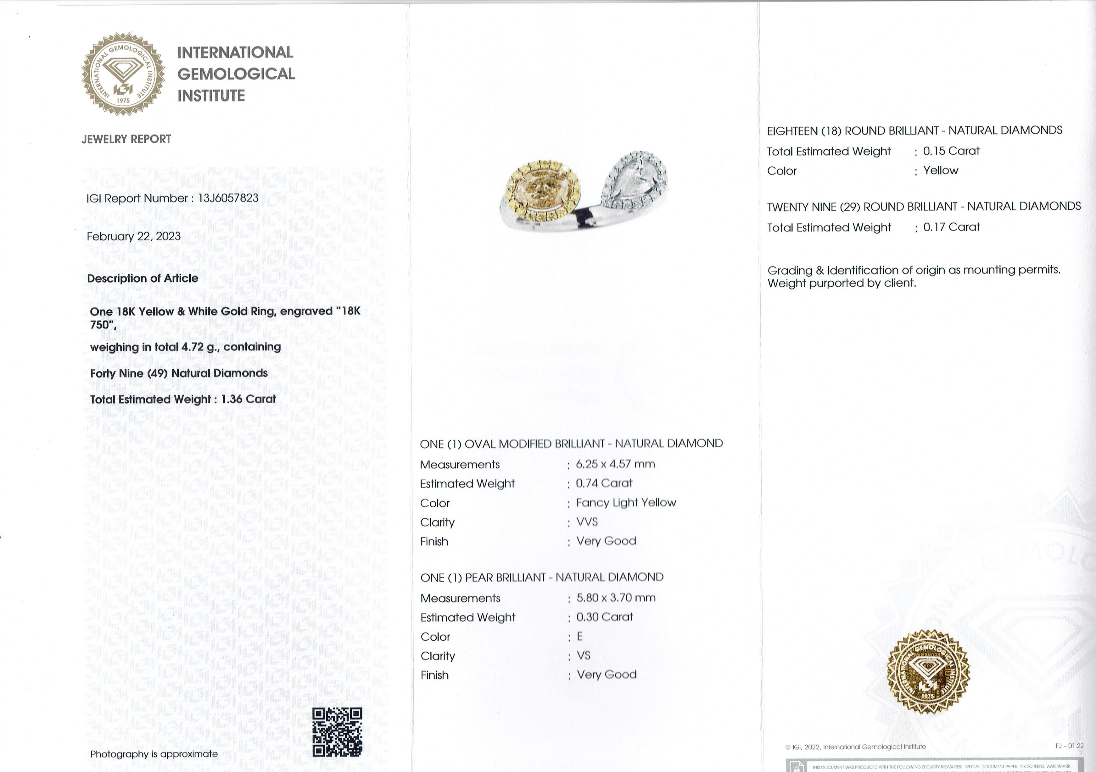Bague Toi et Moi en or jaune certifié IGI avec diamant ovale et diamant poire en or 18k en vente 2