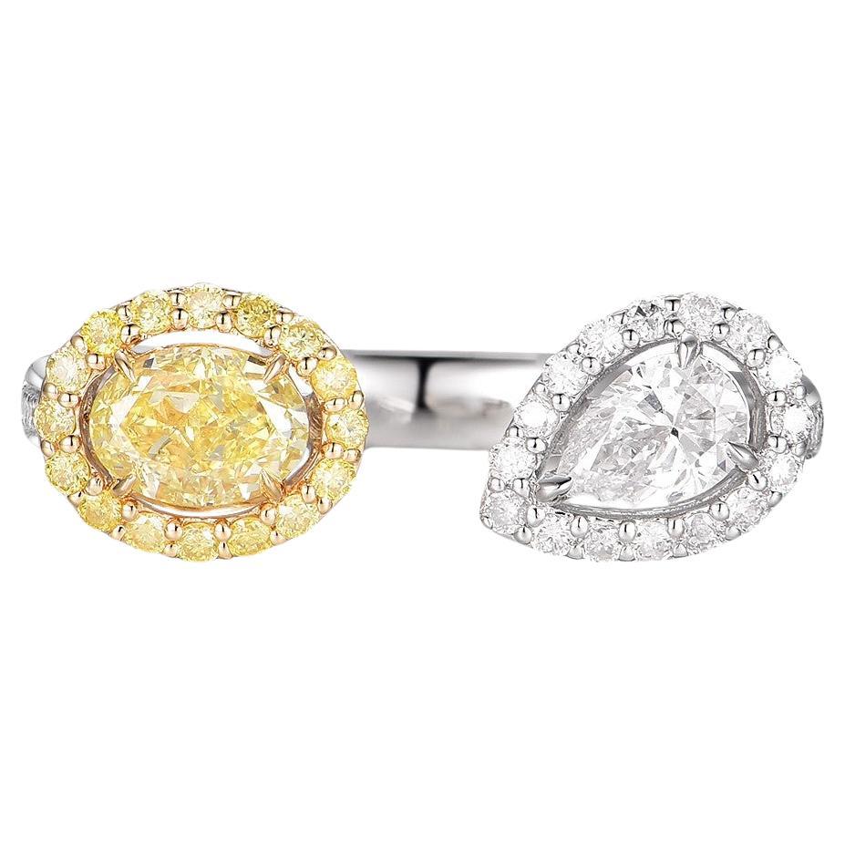 Bague Toi et Moi en or jaune certifié IGI avec diamant ovale et diamant poire en or 18k