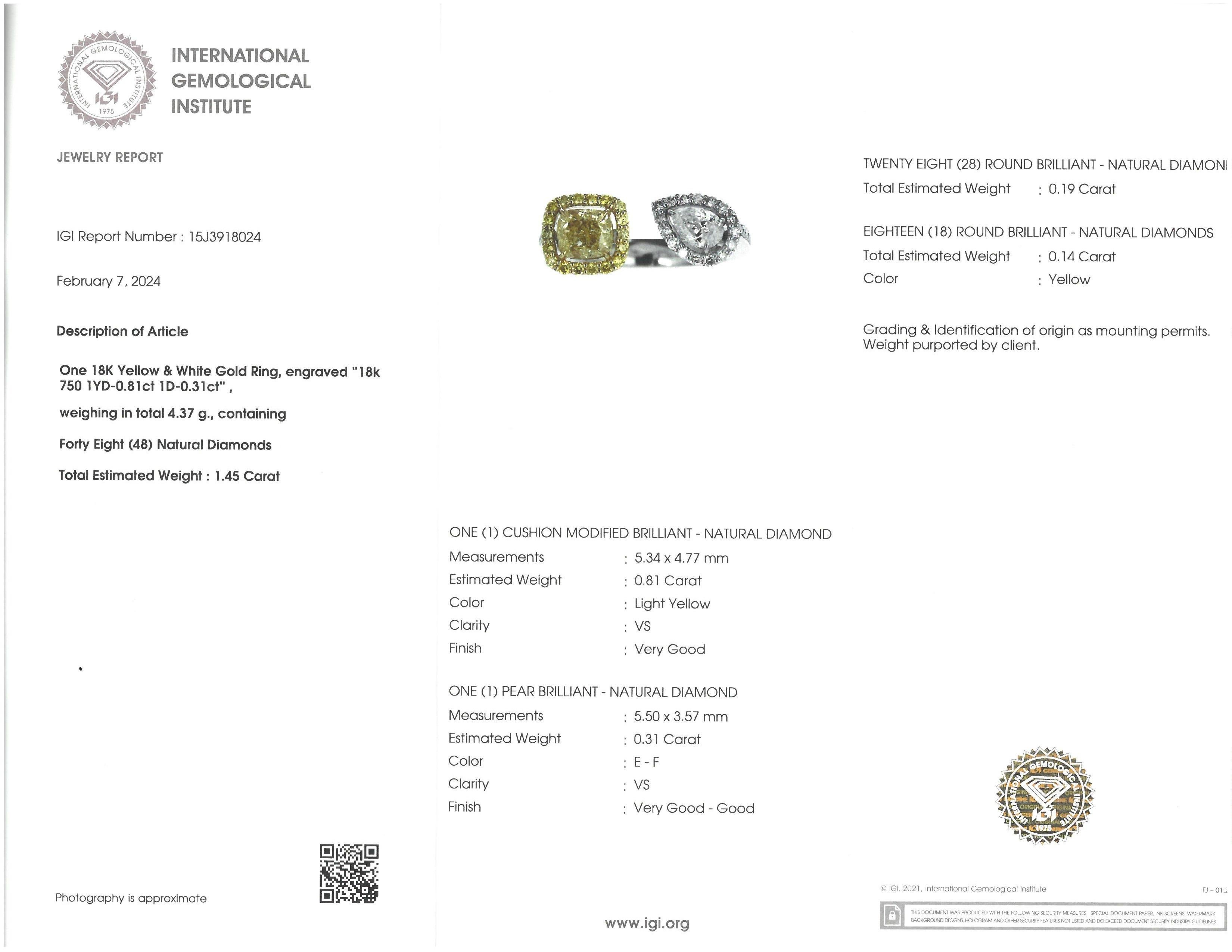IGI CERTIFIED Gelb Cushion Diamond und Pear Diamond Toi Et Moi Ring in 18k  (Zeitgenössisch) im Angebot