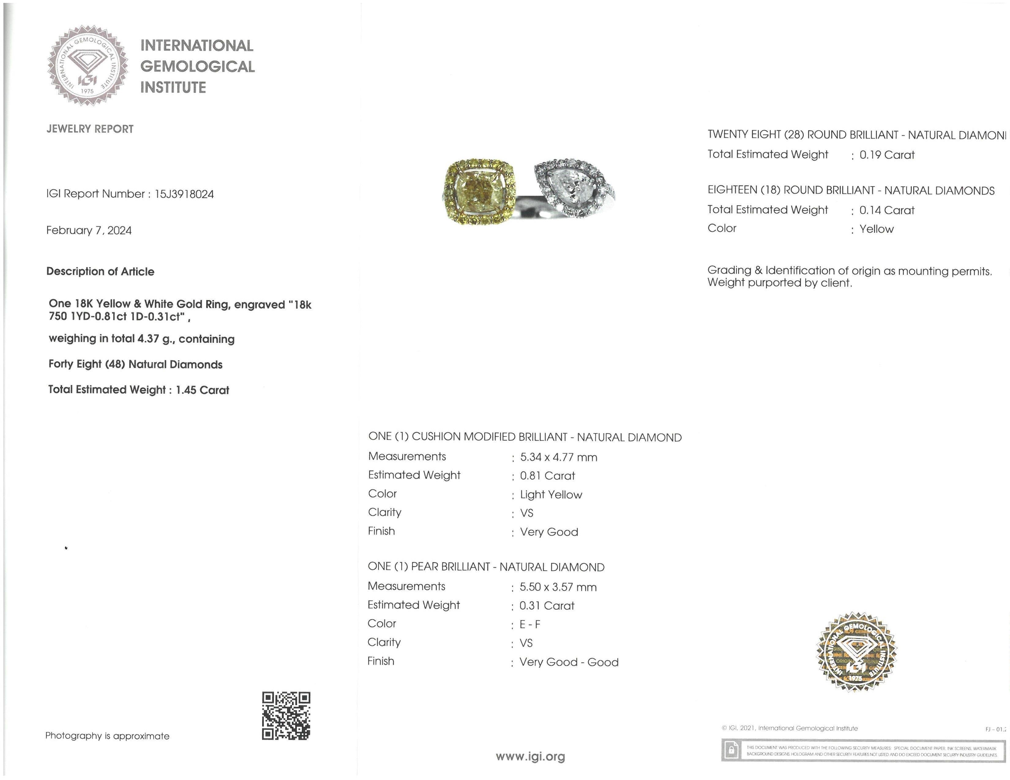 Contemporary IGI CERTIFIED Yellow Cushion Diamond and Pear Diamond Toi Et Moi Ring in 18k For Sale