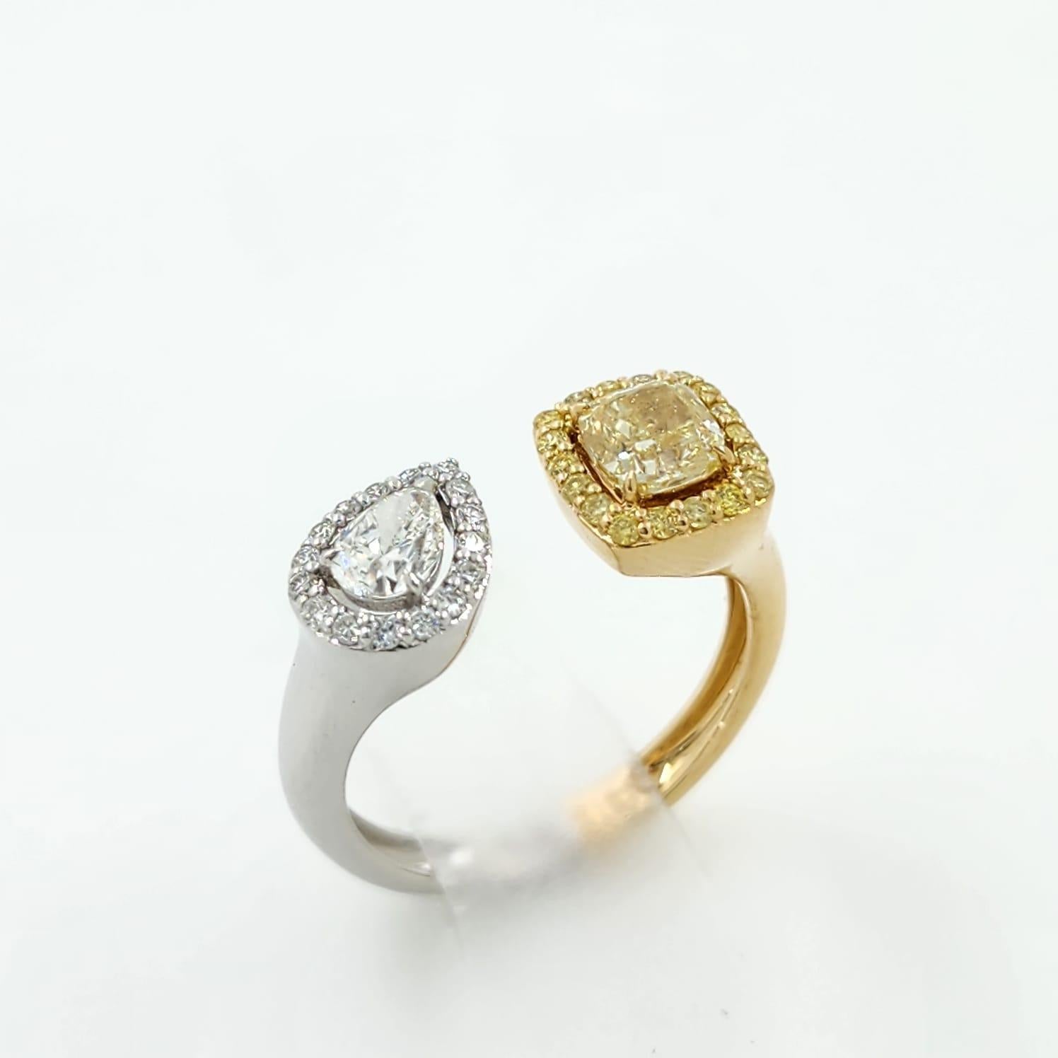 Contemporary IGI CERTIFIED Yellow Cushion Diamond and Pear Diamond Toi Et Moi Ring in 18k  For Sale