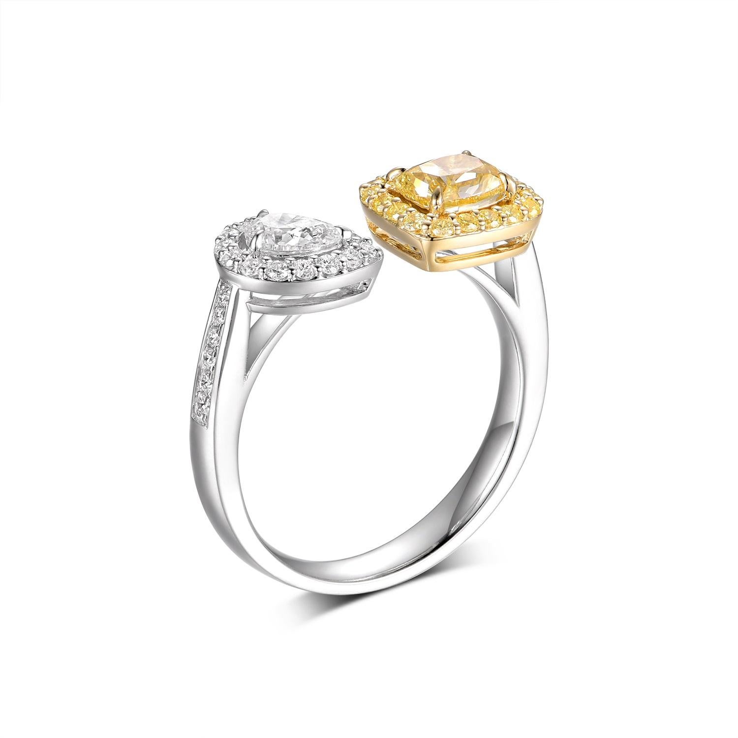Contemporary IGI CERTIFIED Yellow Cushion Diamond and Pear Diamond Toi Et Moi Ring in 18k  For Sale