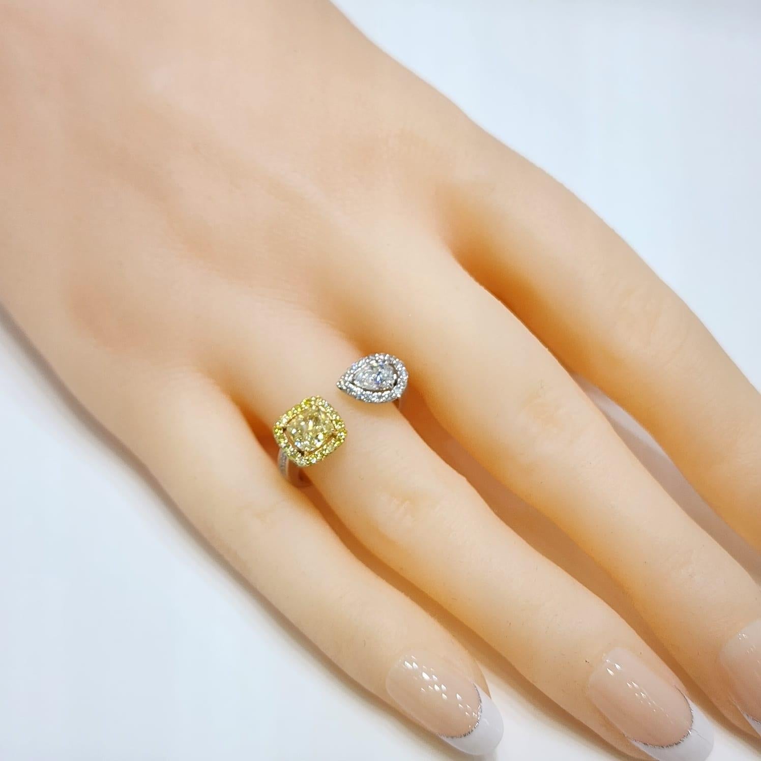 Cushion Cut IGI CERTIFIED Yellow Cushion Diamond and Pear Diamond Toi Et Moi Ring in 18k  For Sale