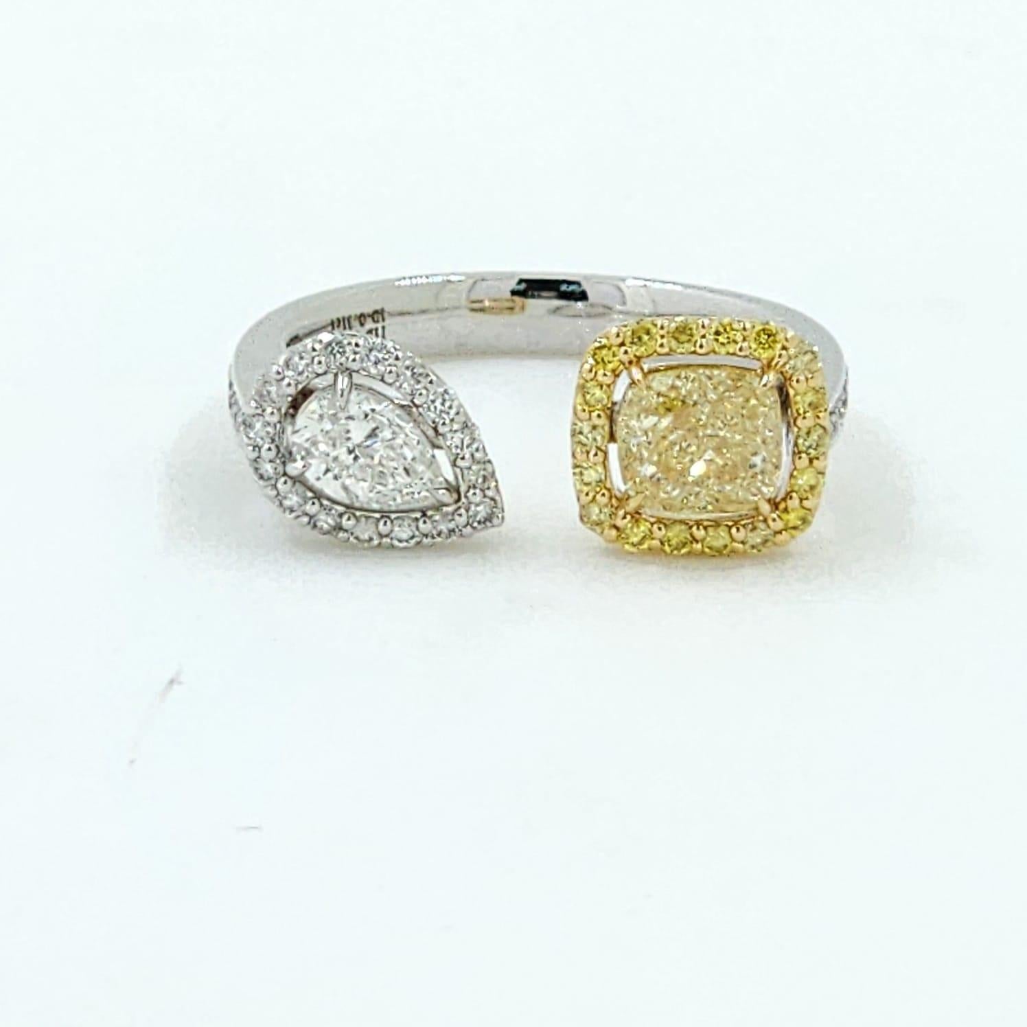Cushion Cut IGI CERTIFIED Yellow Cushion Diamond and Pear Diamond Toi Et Moi Ring in 18k  For Sale