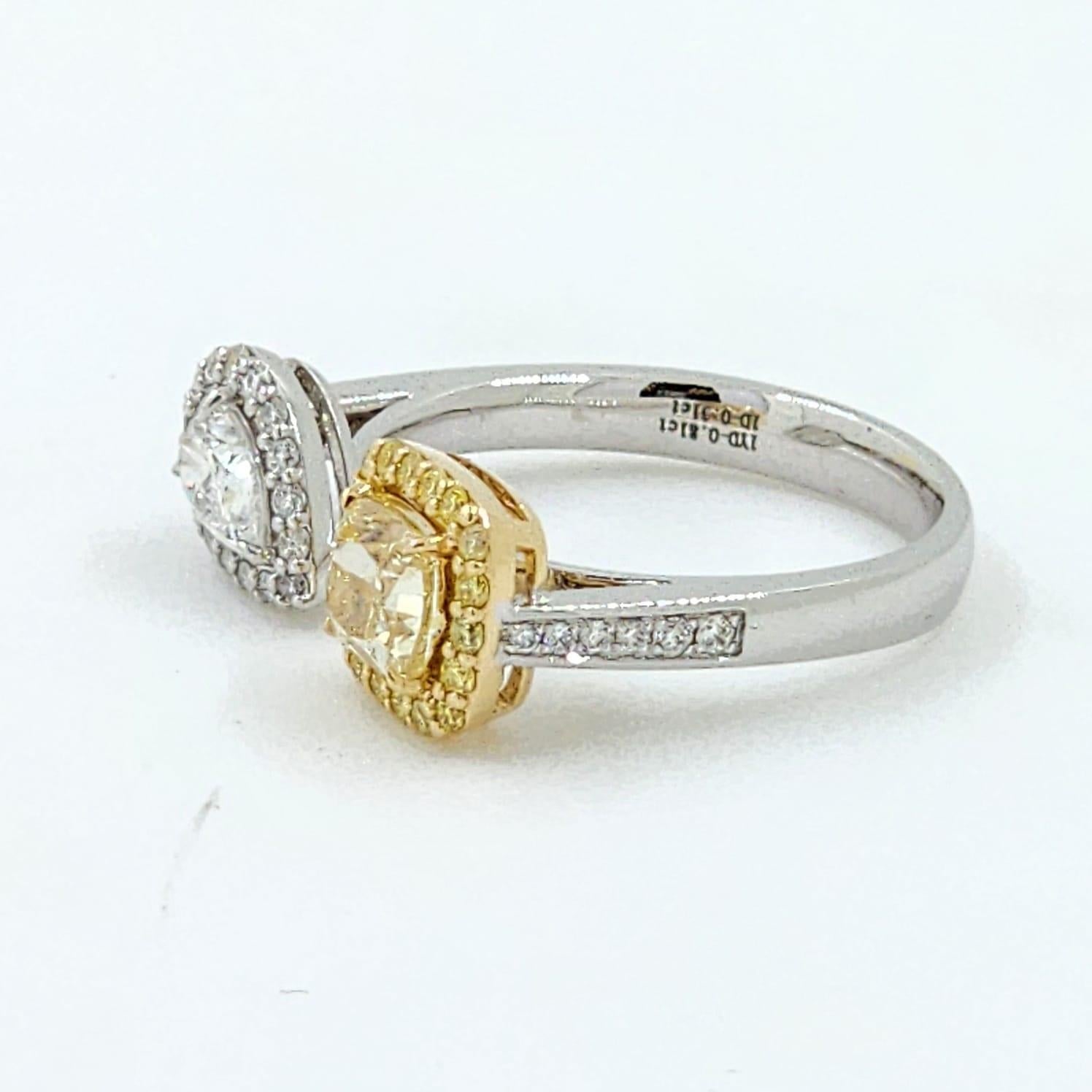 IGI CERTIFIED Yellow Cushion Diamond and Pear Diamond Toi Et Moi Ring in 18k  In New Condition For Sale In Hong Kong, HK