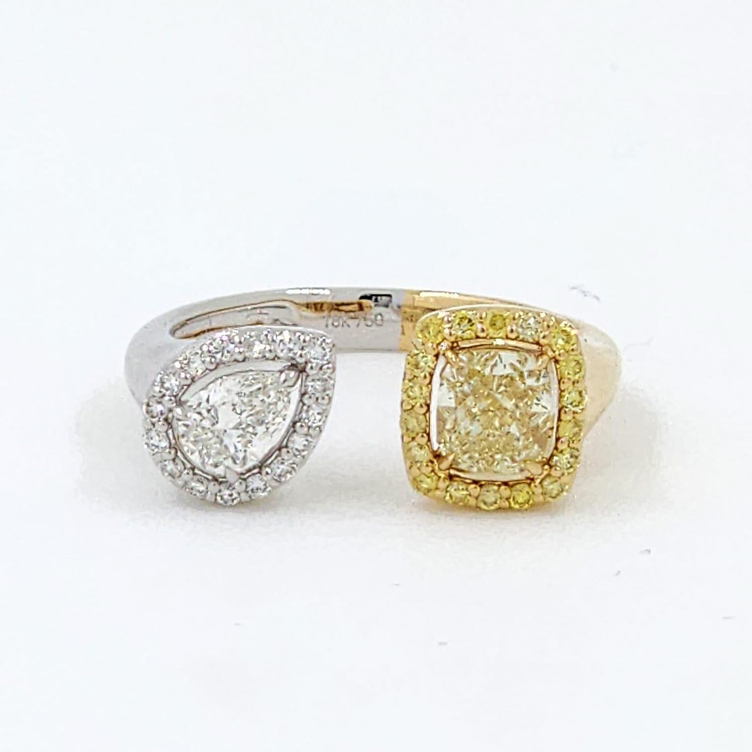 Women's IGI CERTIFIED Yellow Cushion Diamond and Pear Diamond Toi Et Moi Ring in 18k  For Sale