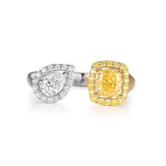 Bague Toi Et Moi certifiée IGI en 18 carats, diamant jaune coussin et diamant poire 