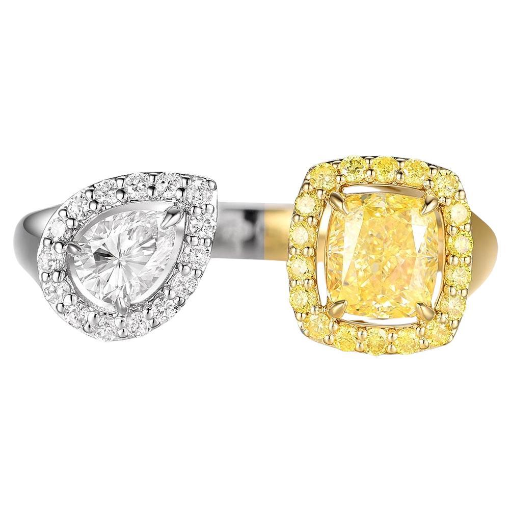 IGI CERTIFIED Yellow Cushion Diamond and Pear Diamond Toi Et Moi Ring in 18k  For Sale