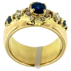 Vintage IGI Certified Yellow Gold Diamonds and Sapphires Fashion Band Ring 
