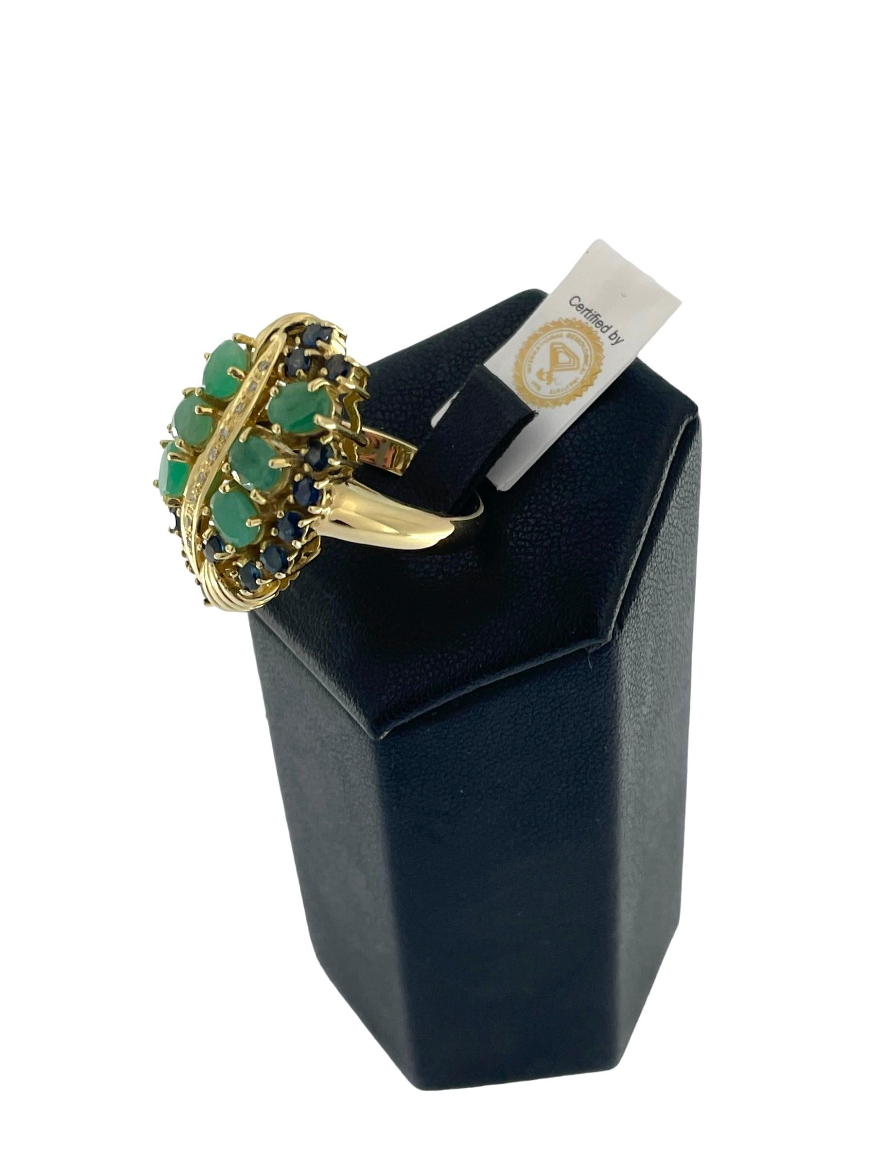 Mixed Cut IGI Certified Yellow Gold Diamonds, Sapphires and Emeralds Cocktail Ring  For Sale