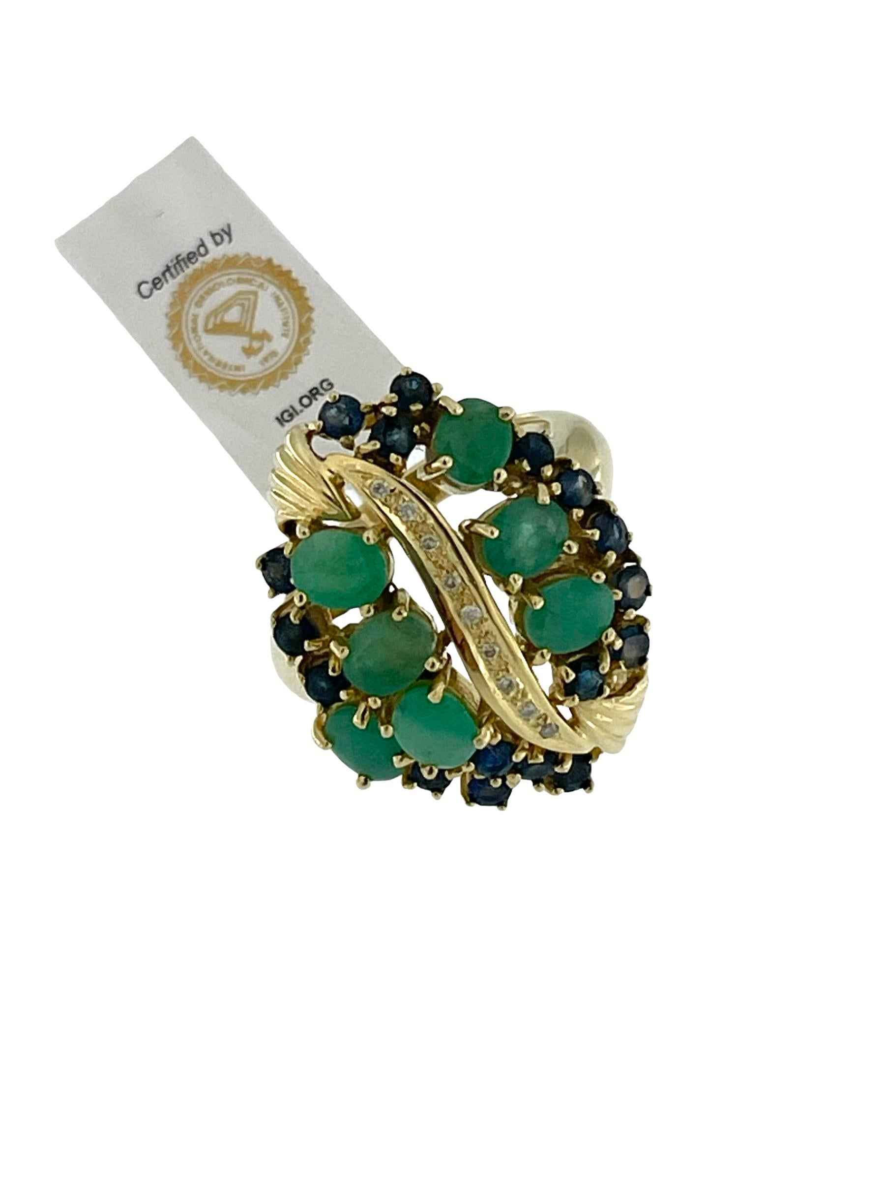 IGI Certified Yellow Gold Diamonds, Sapphires and Emeralds Cocktail Ring  For Sale 1