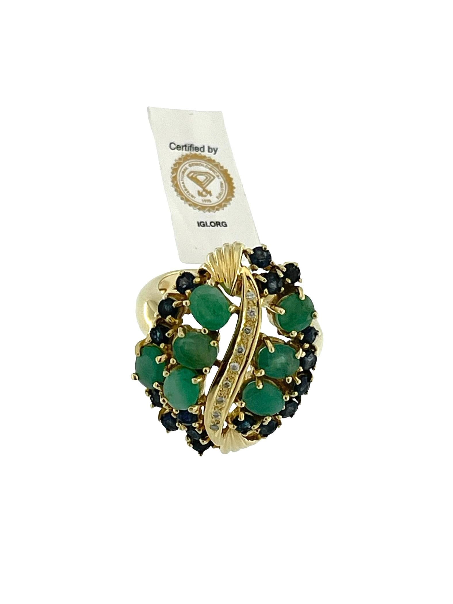 IGI Certified Yellow Gold Diamonds, Sapphires and Emeralds Cocktail Ring  For Sale 3