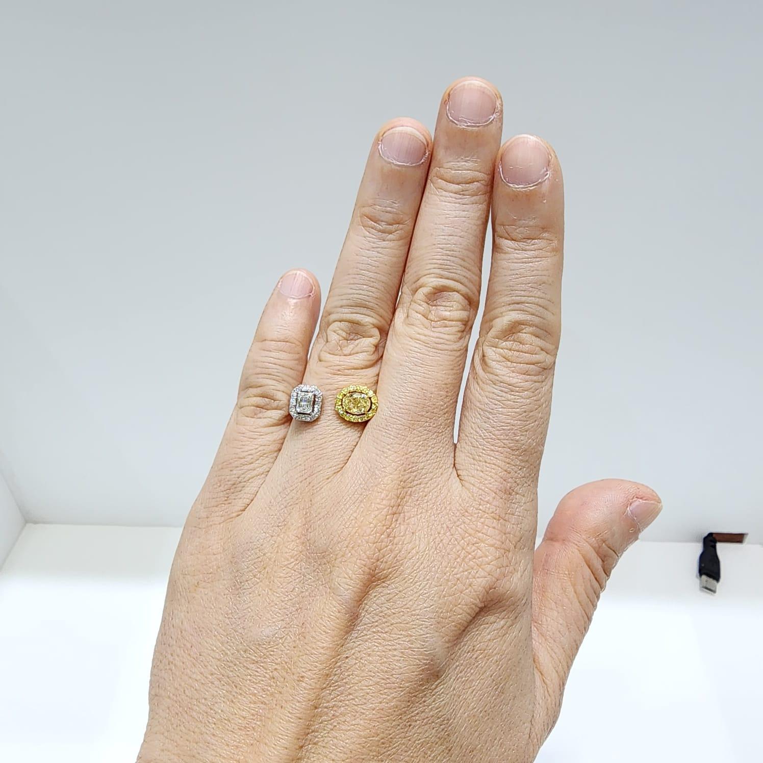 IGI zertifizierter gelber ovaler Diamant und Smaragd-Diamant Toi Et Moi Ring in 18k  (Zeitgenössisch) im Angebot