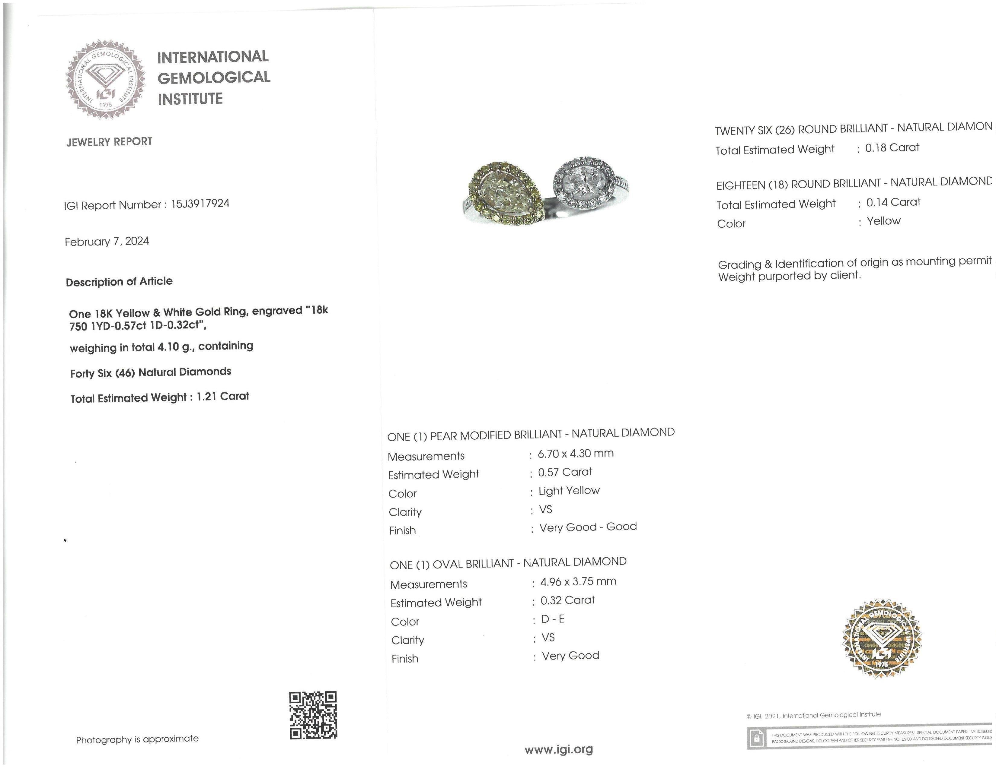 Contemporary IGI CERTIFIED Yellow Pear Diamond and Oval Diamond Toi Et Moi Ring in 18k Gold