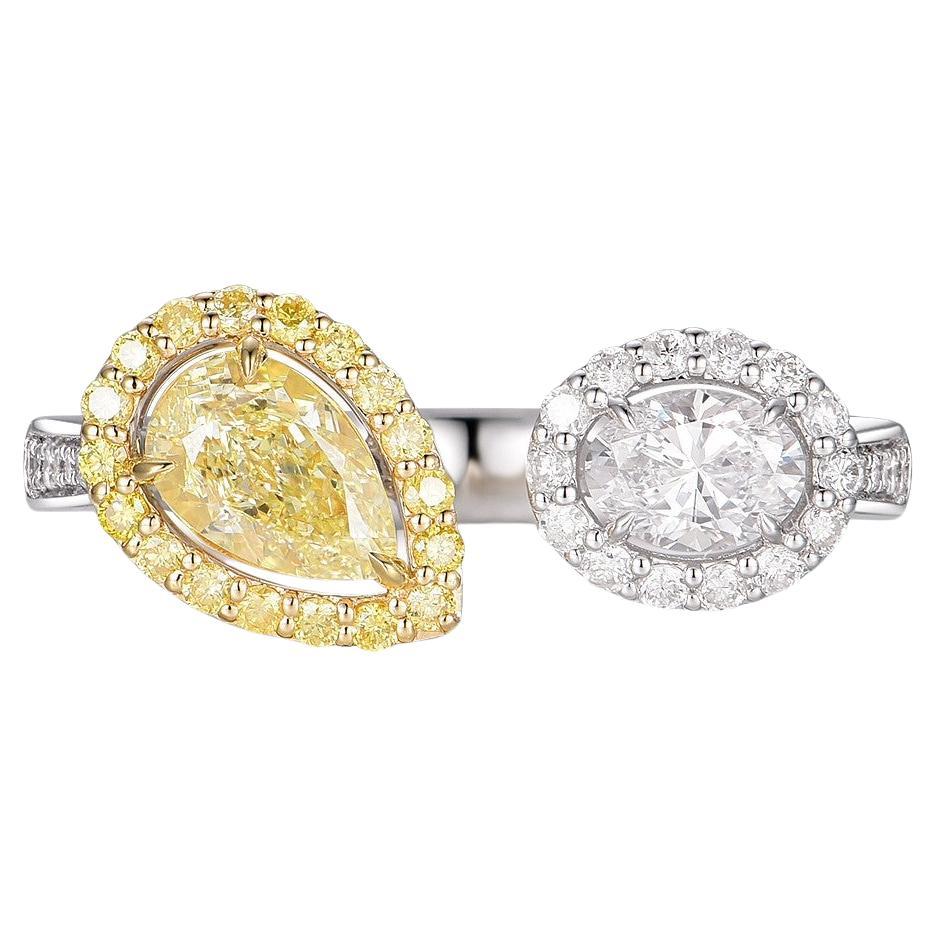 Bague Toi Et Moi en or 18 carats certifiée IGI, diamant jaune poire et diamant ovale