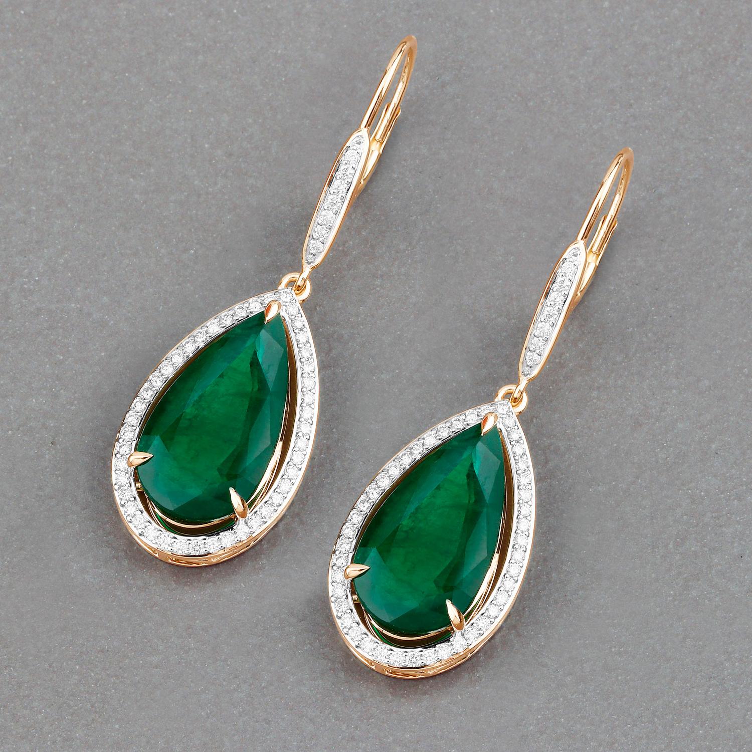 Pear Cut IGI Certified Zambian Emerald Dangle Earrings Diamonds 16.15 Carats 14K Yellow G For Sale