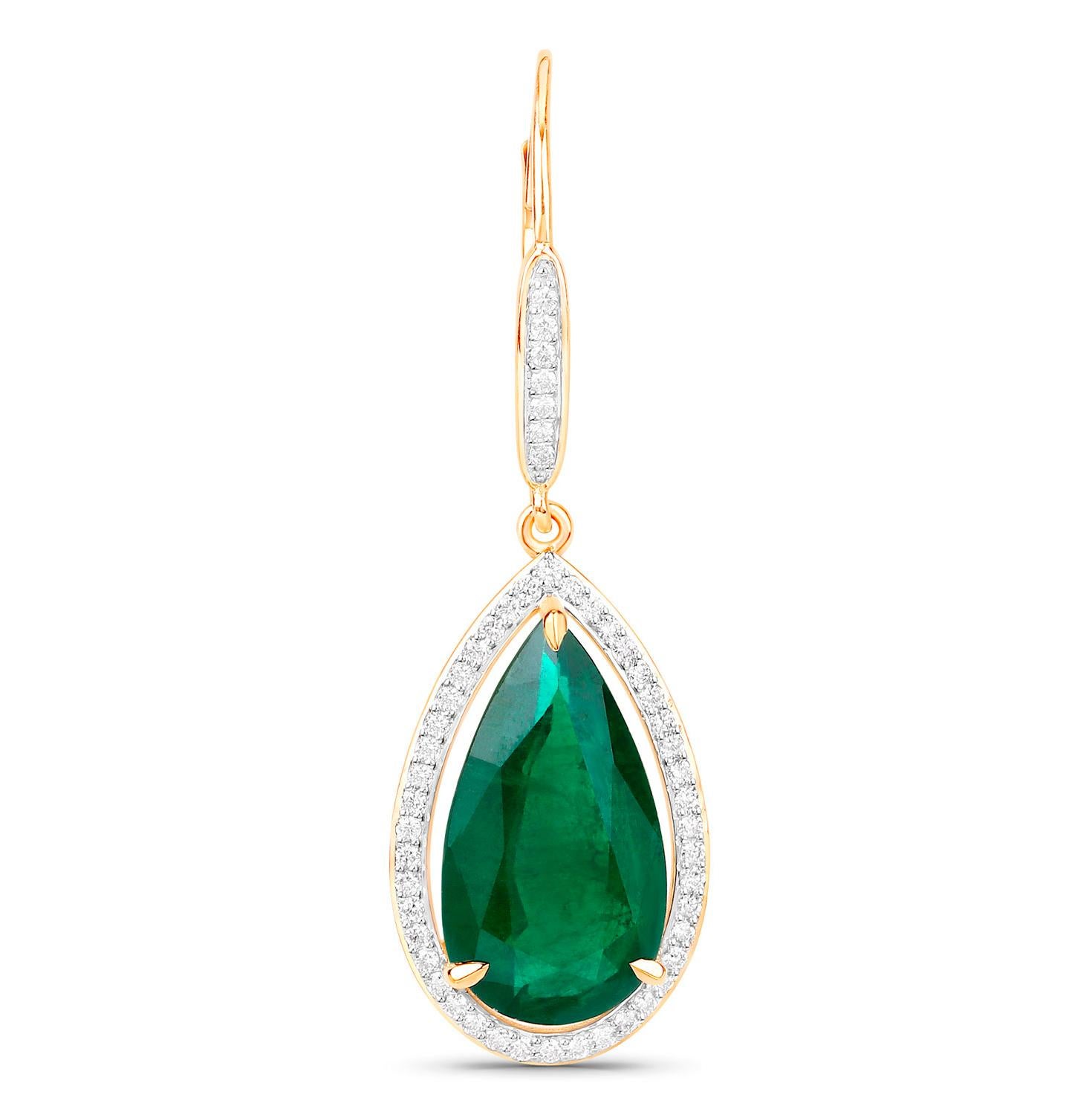 IGI Certified Zambian Emerald Dangle Earrings Diamonds 16.15 Carats 14K Yellow G In Excellent Condition For Sale In Laguna Niguel, CA