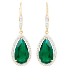 IGI Certified Zambian Emerald Dangle Earrings Diamonds 16.15 Carats 14K Yellow G
