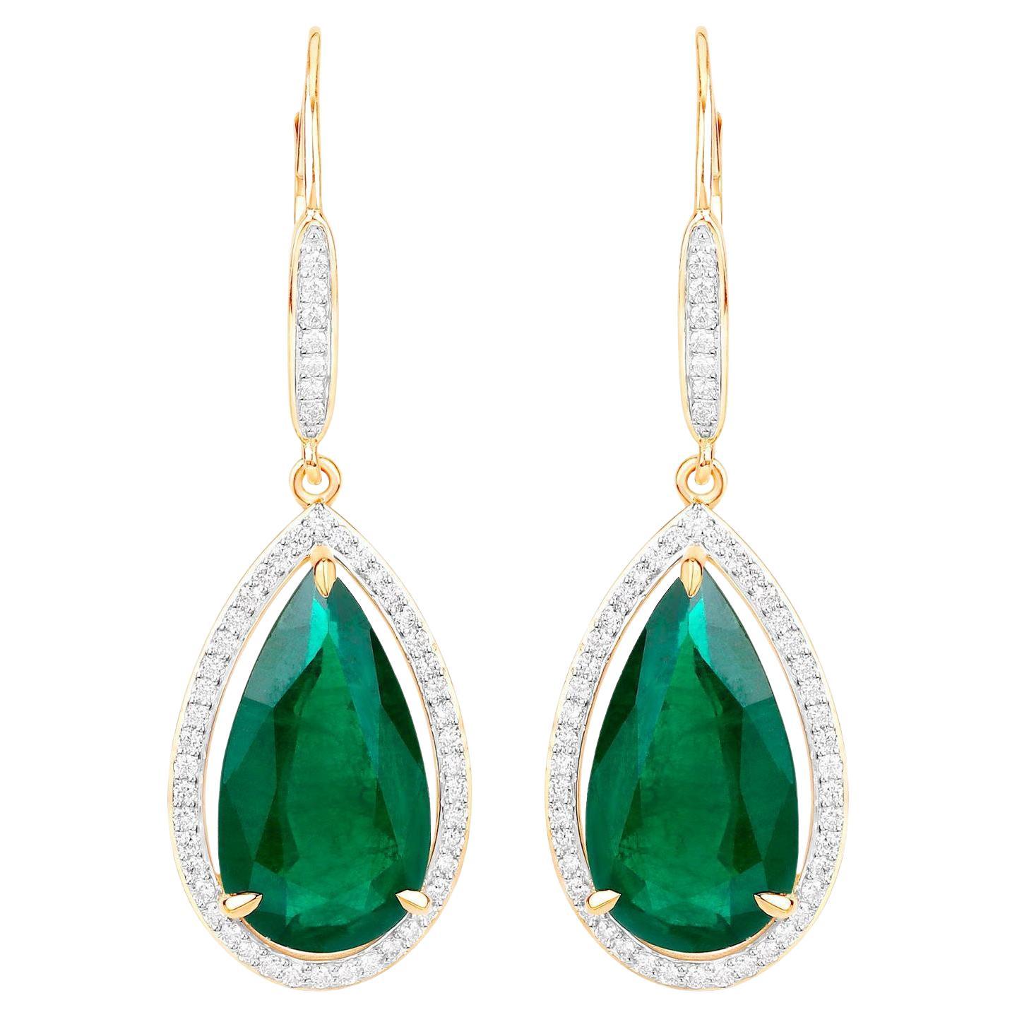IGI Certified Zambian Emerald Dangle Earrings Diamonds 16.15 Carats 14K Yellow G