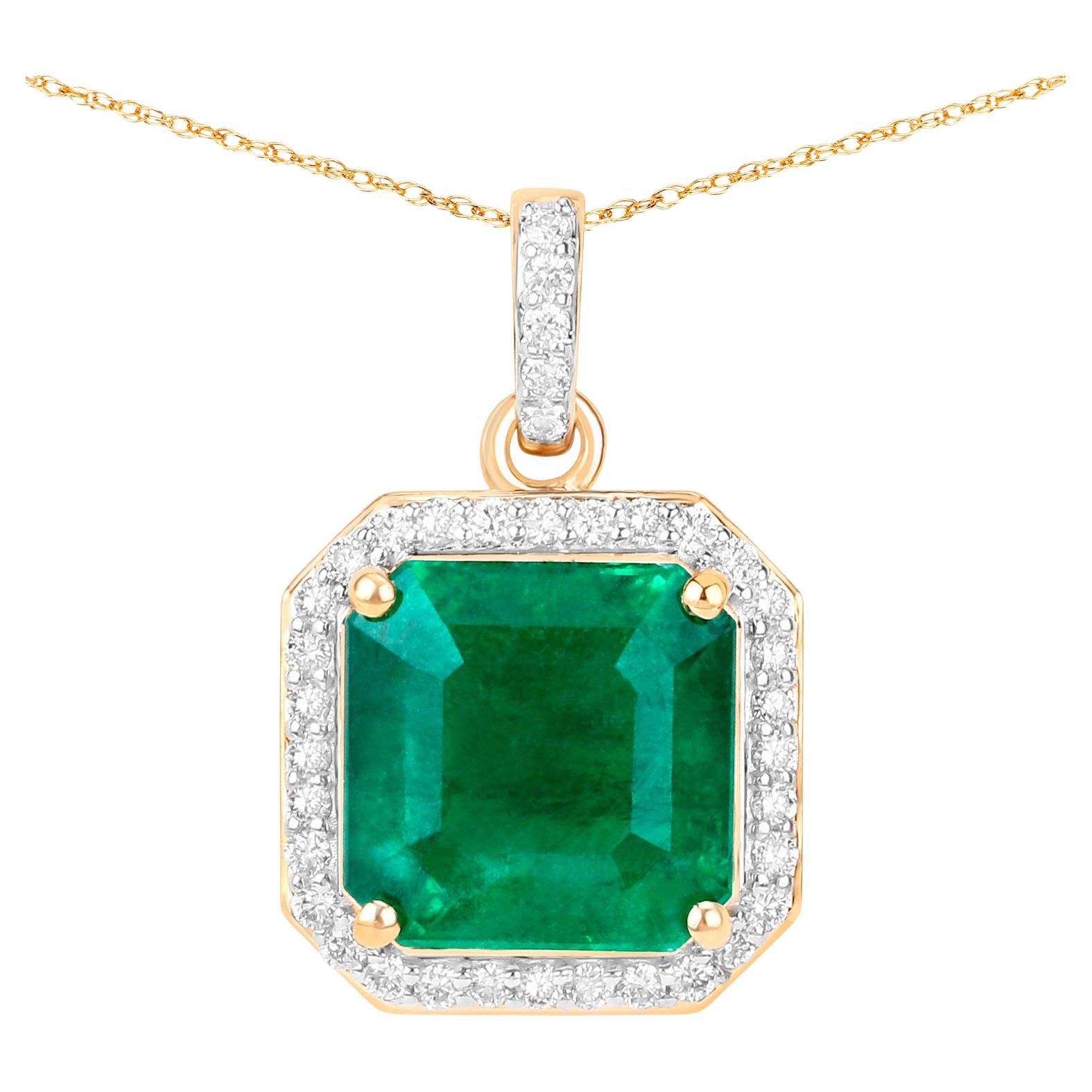IGI Certified 3.22 Carat Genuine Zambian Emerald and White Diamond 14K Yellow Gold Pendant