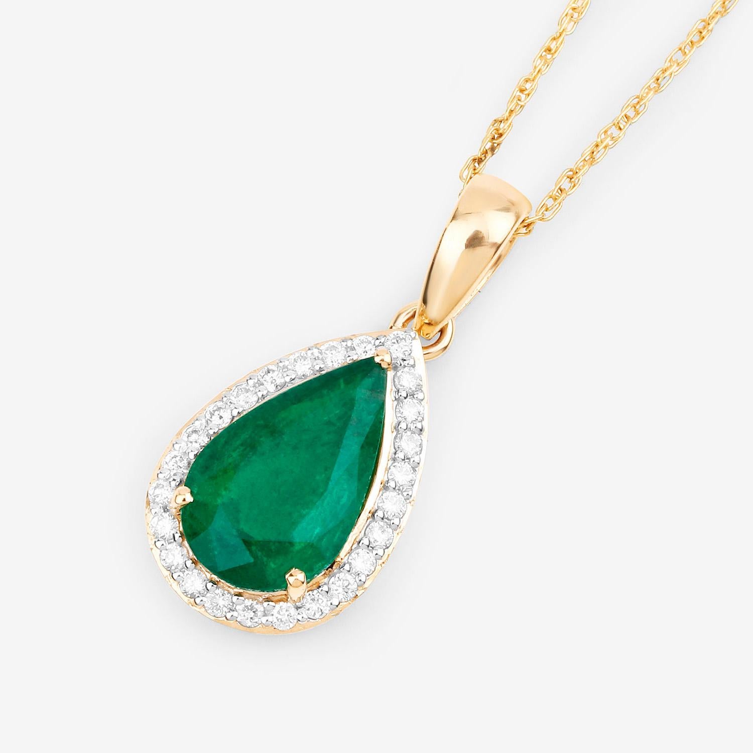 Pear Cut IGI Certified Zambian Emerald Necklace With Diamonds 1.76 Carats 14K Yellow Gold For Sale