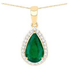 IGI Certified Zambian Emerald Necklace With Diamonds 1.76 Carats 14K Yellow Gold