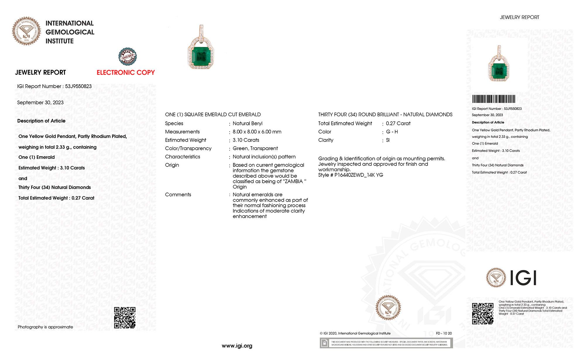 Contemporary IGI Certified Zambian Emerald Necklace With Diamonds 3.37 Carats 14K Yellow Gold For Sale