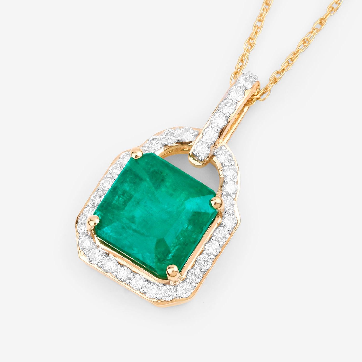 IGI Certified Zambian Emerald Necklace With Diamonds 3.37 Carats 14K Yellow Gold In Excellent Condition For Sale In Aliso Viejo, CA