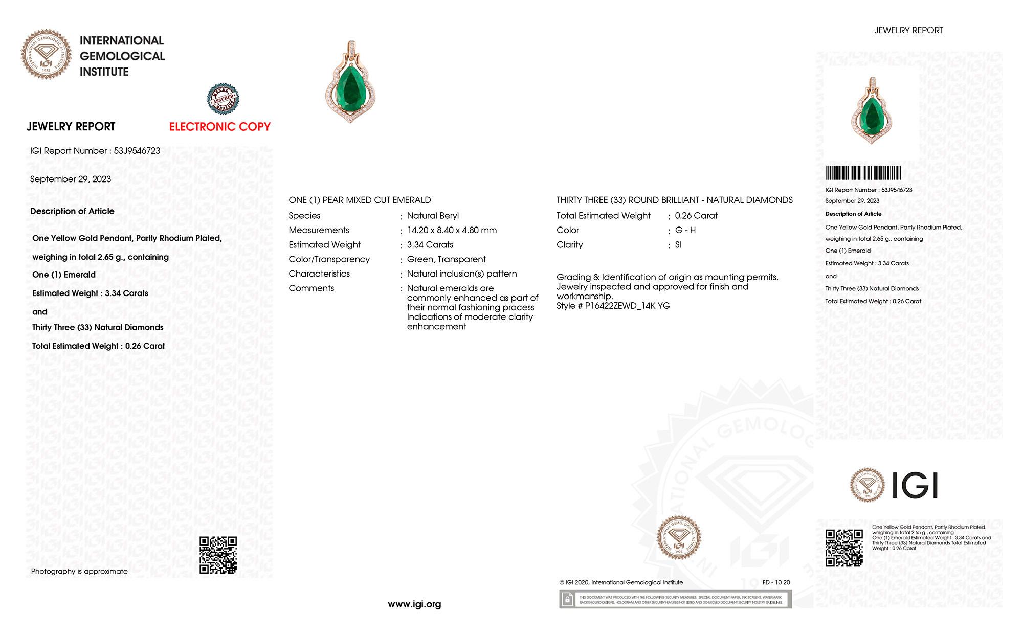 IGI-zertifizierte sambische Smaragd-Halskette mit Diamanten, 3,60 Karat 14K Gelbgold (Tropfenschliff) im Angebot
