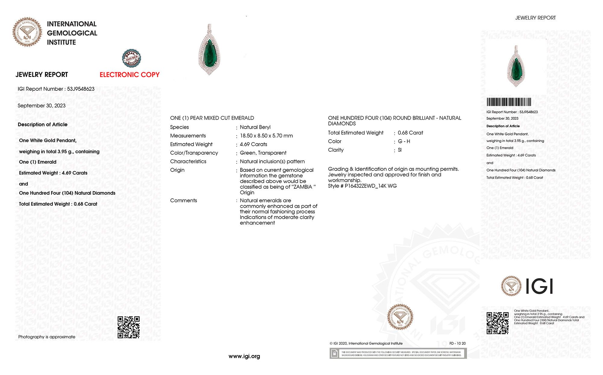 Contemporary IGI Certified Zambian Emerald Necklace With Diamonds 5.37 Carats 14K White Gold For Sale
